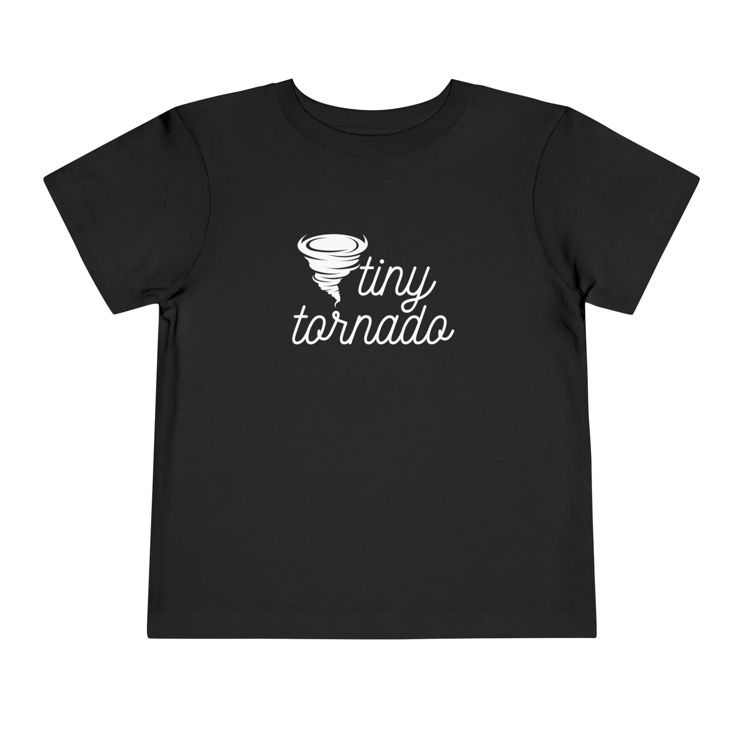 Comfortable funny graphic toddler tee stating 'Tiny Tornado' in color black