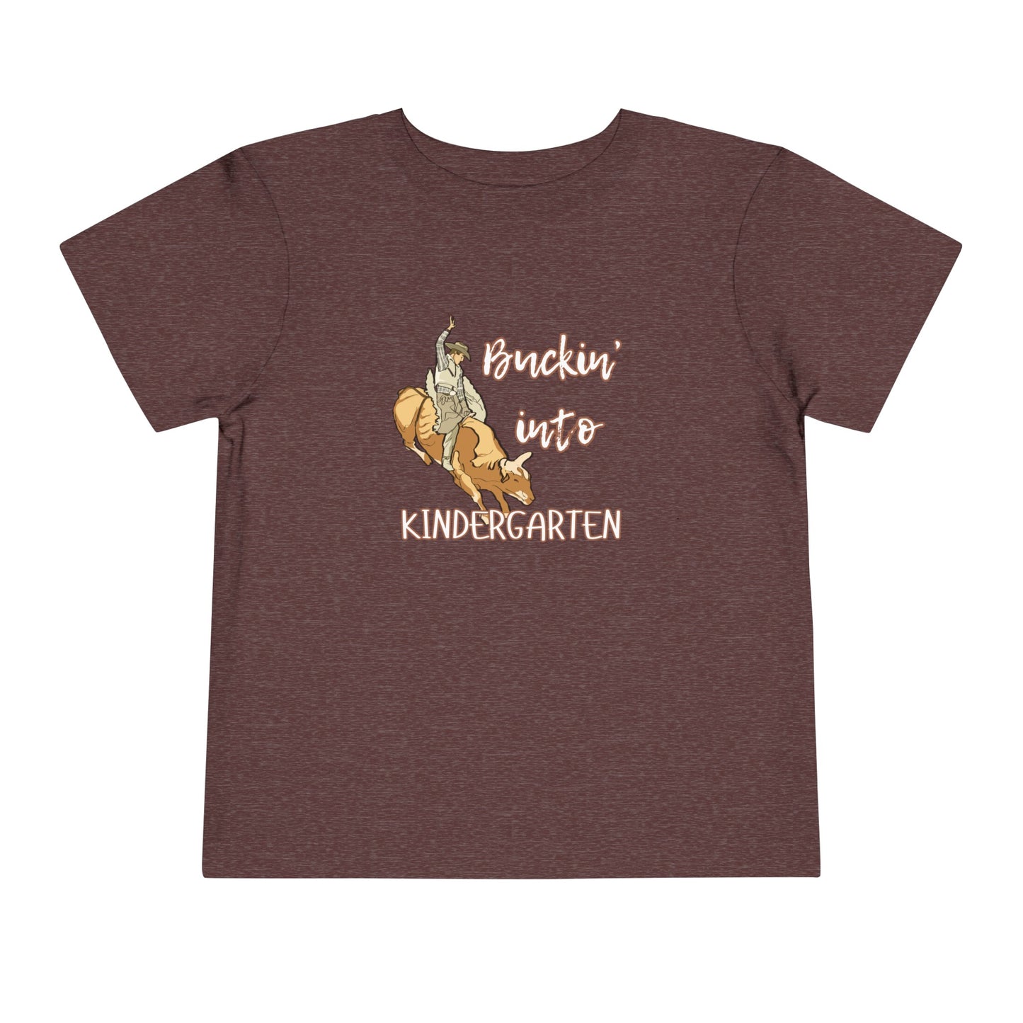 Comfortable toddler tee stating 'Buckin' into Kindergarten' in color heather maroon