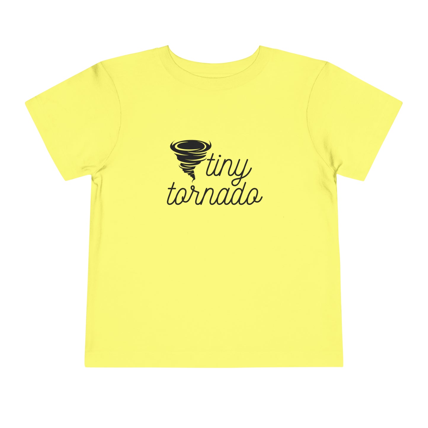 Comfortable funny graphic toddler tee stating 'Tiny Tornado' in color yellow