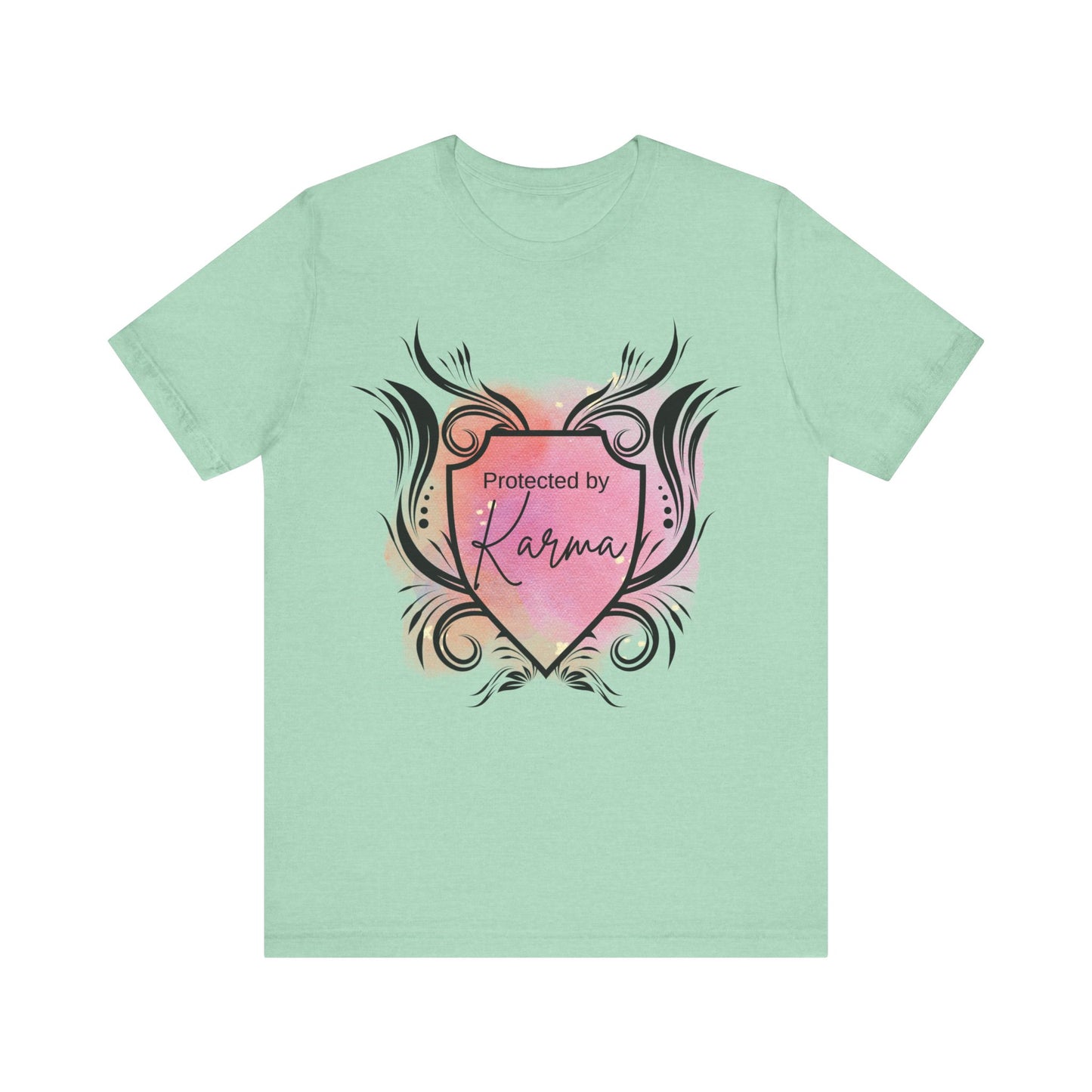 graphic tee stating Protected By Karma in color mint