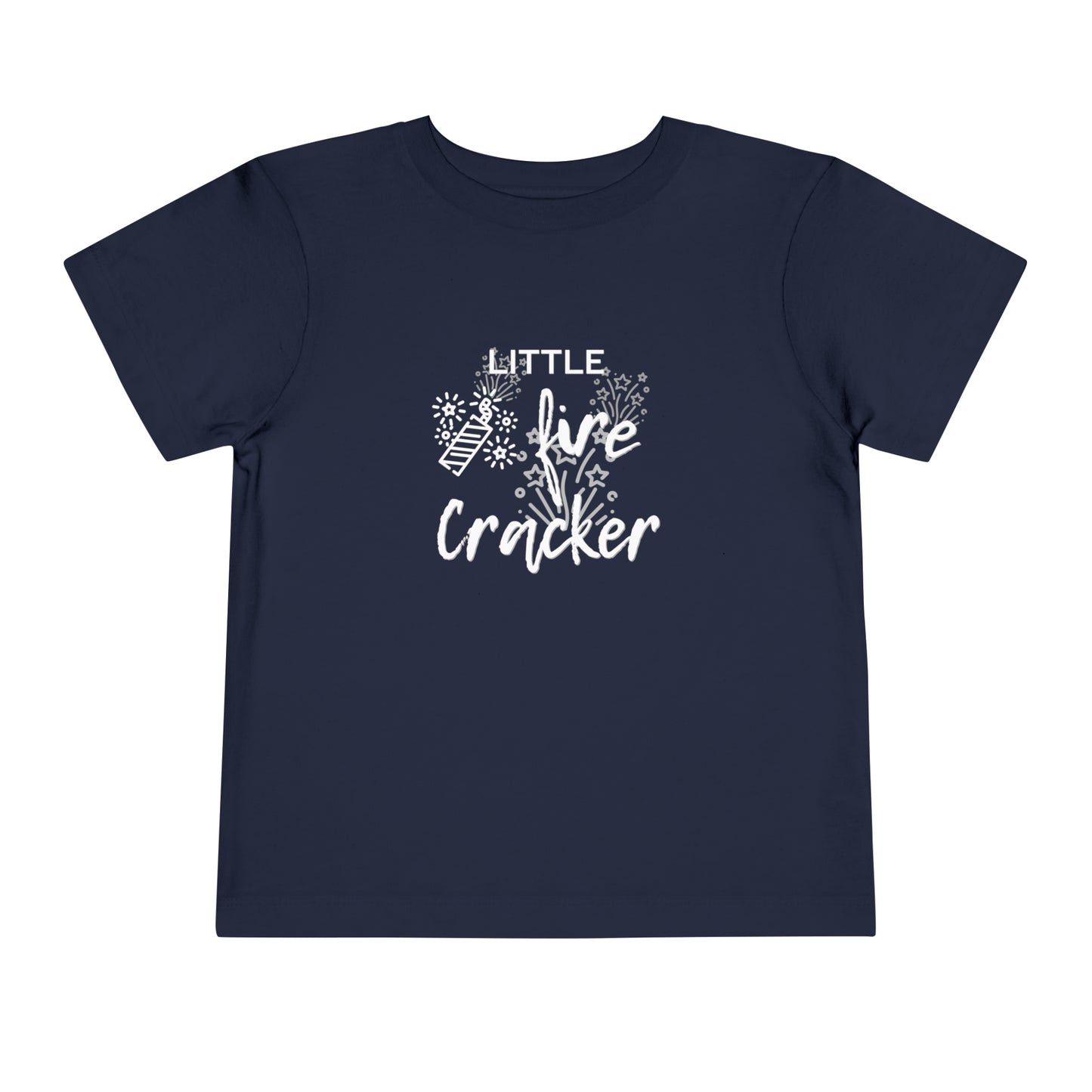 Comfortable funny graphic toddler tee stating 'Little Fire Cracker' in color navy