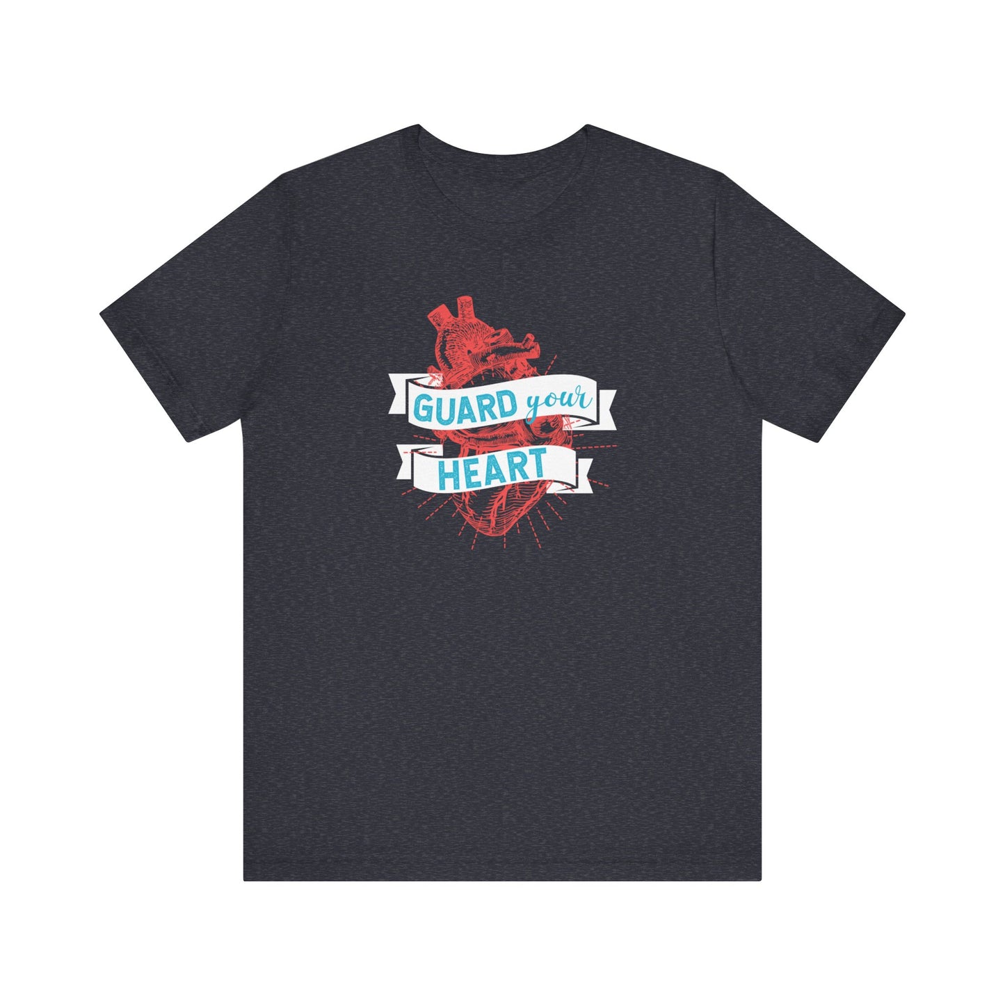 A cotton graphic tee stating 'Guard Your Heart' in color navy heather