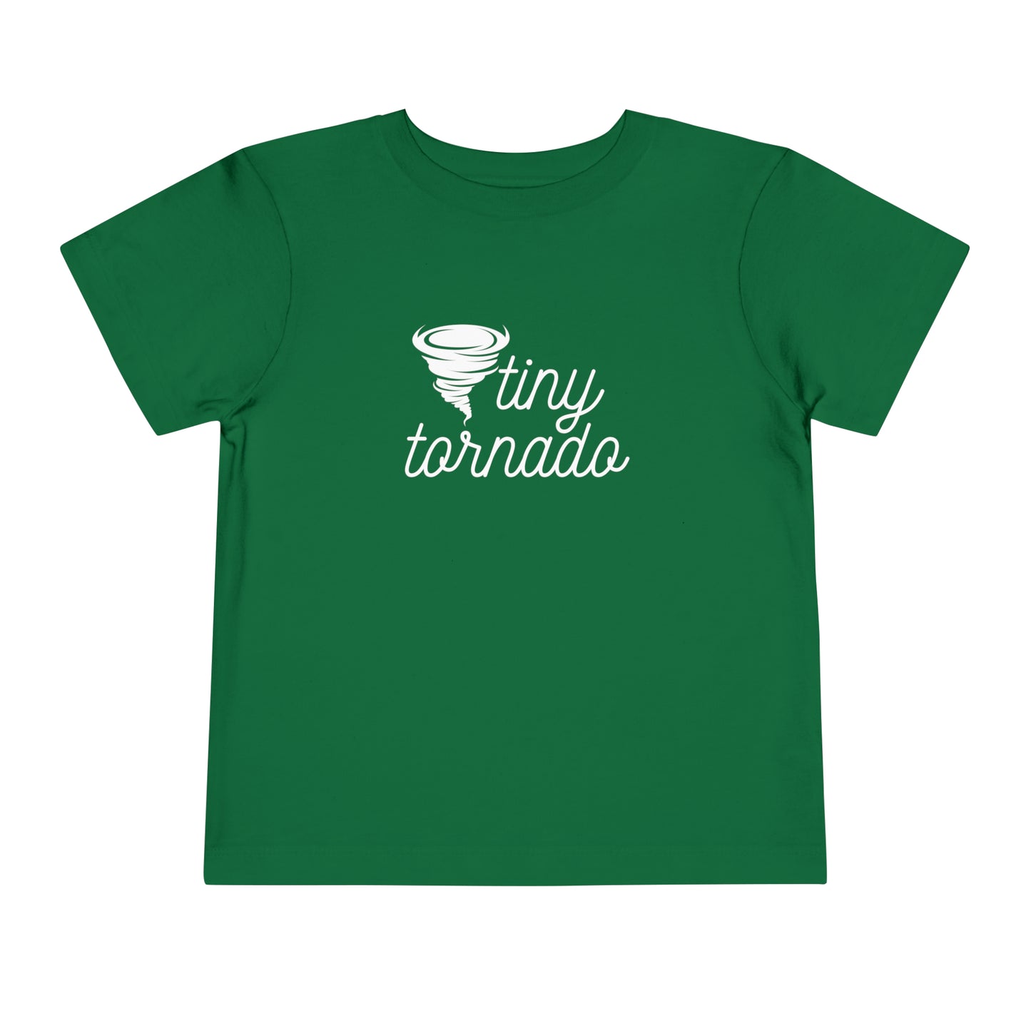 Comfortable funny graphic toddler tee stating 'Tiny Tornado' in color kelly