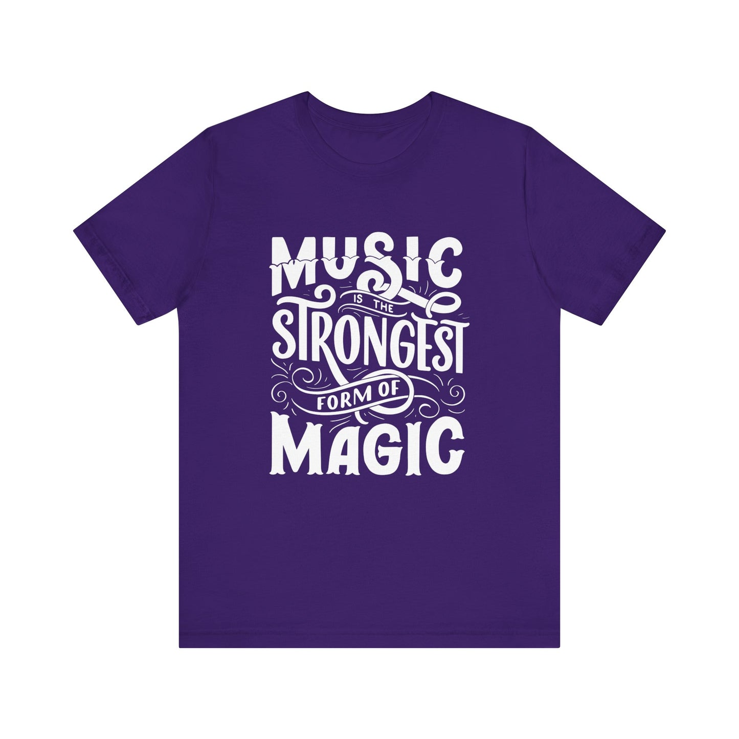 A comfortable good vibes tee stating 'Music is the strongest form of magic' in color purple
