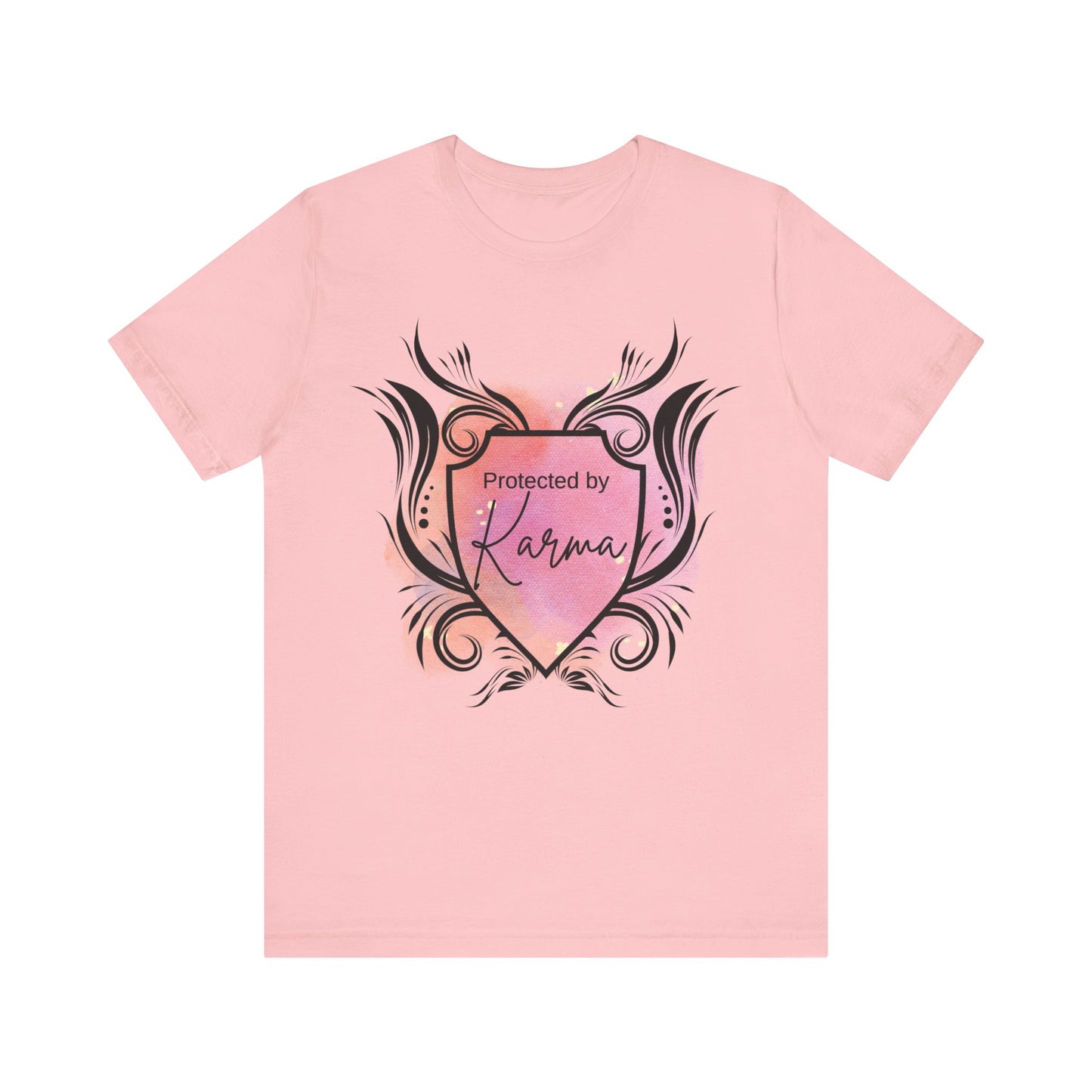graphic tee stating Protected By Karma in color pink