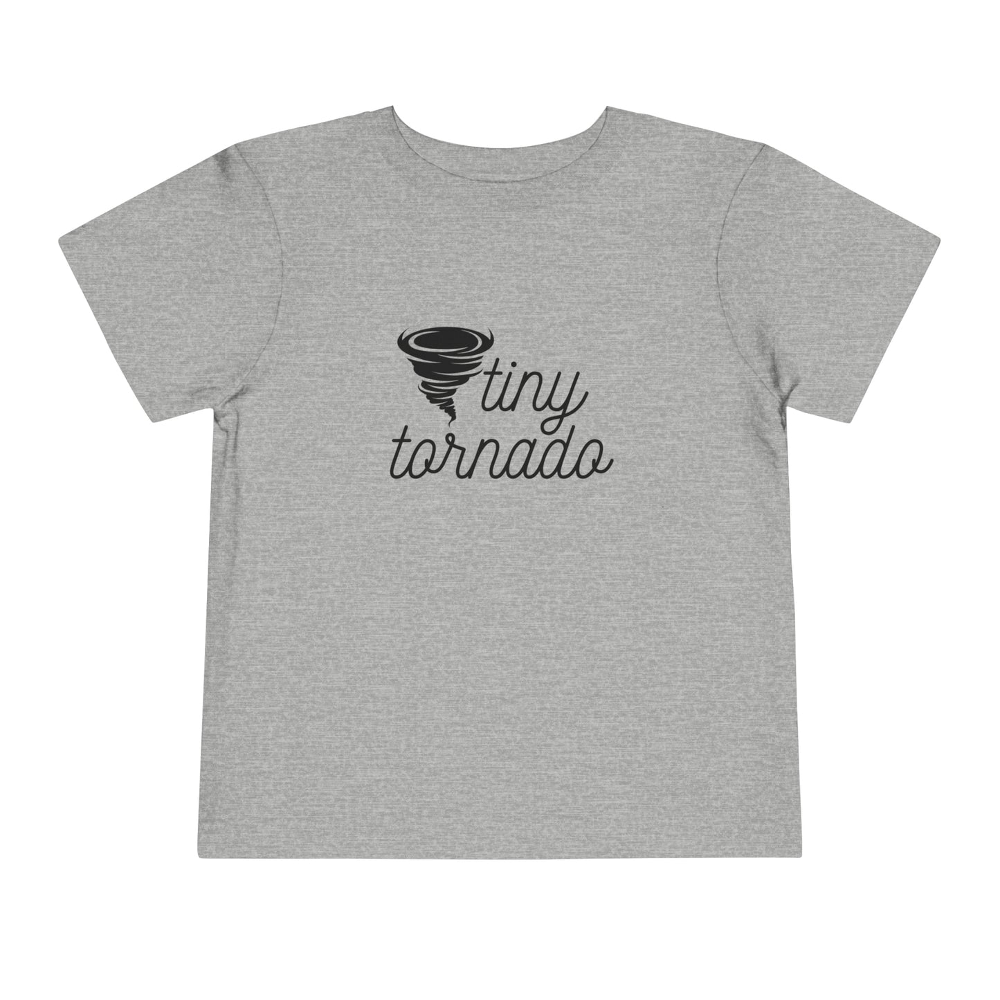 Comfortable funny graphic toddler tee stating 'Tiny Tornado' in color athletic heather