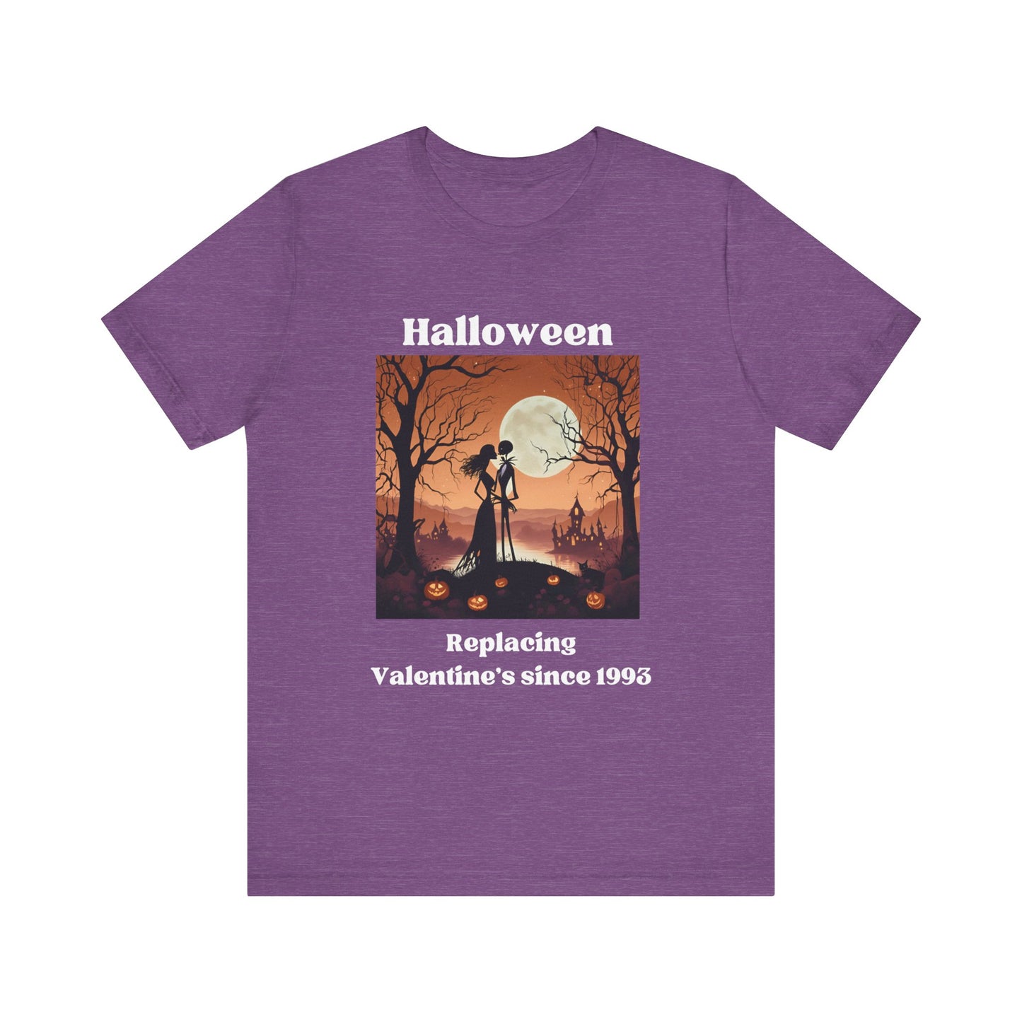 Comfy unisex tee stating 'Halloween replacing Valentine's since 1993' in color team purple heather