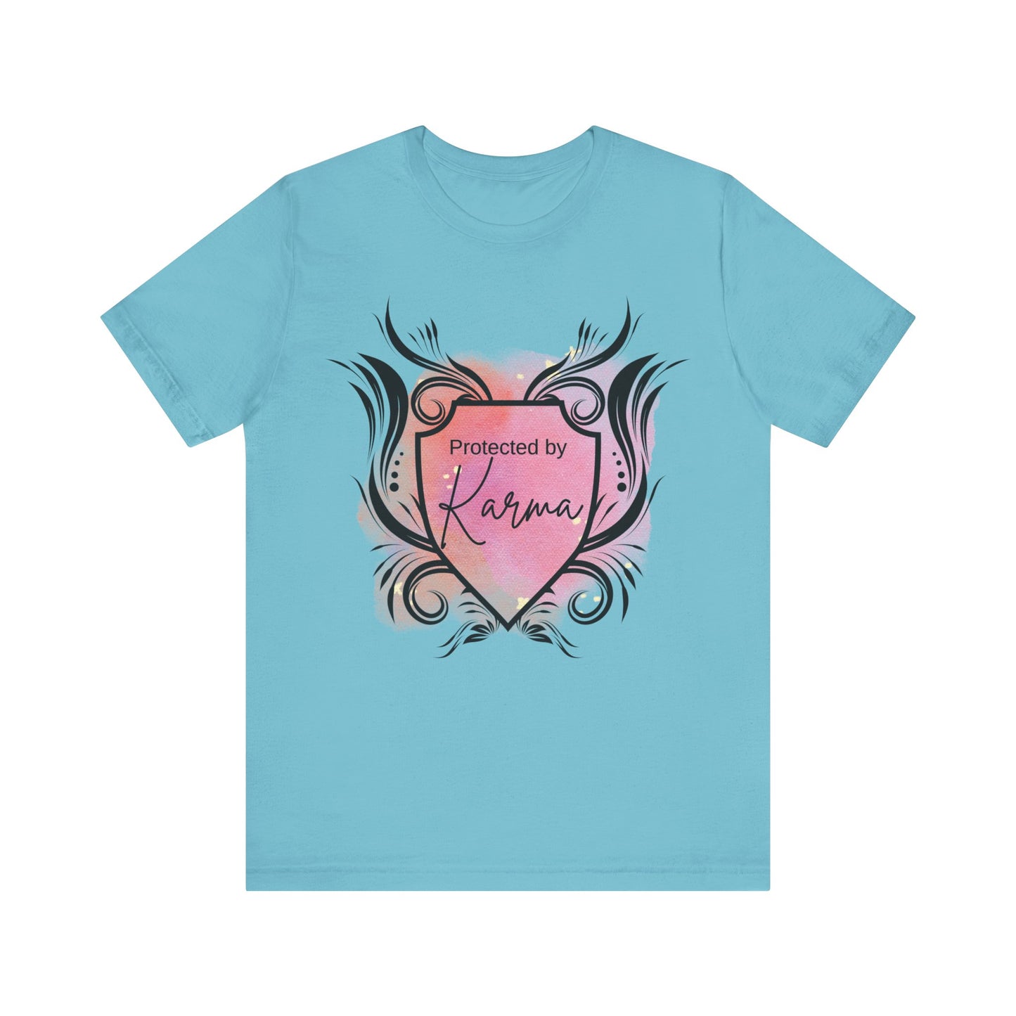 graphic tee stating Protected By Karma in color turquoise