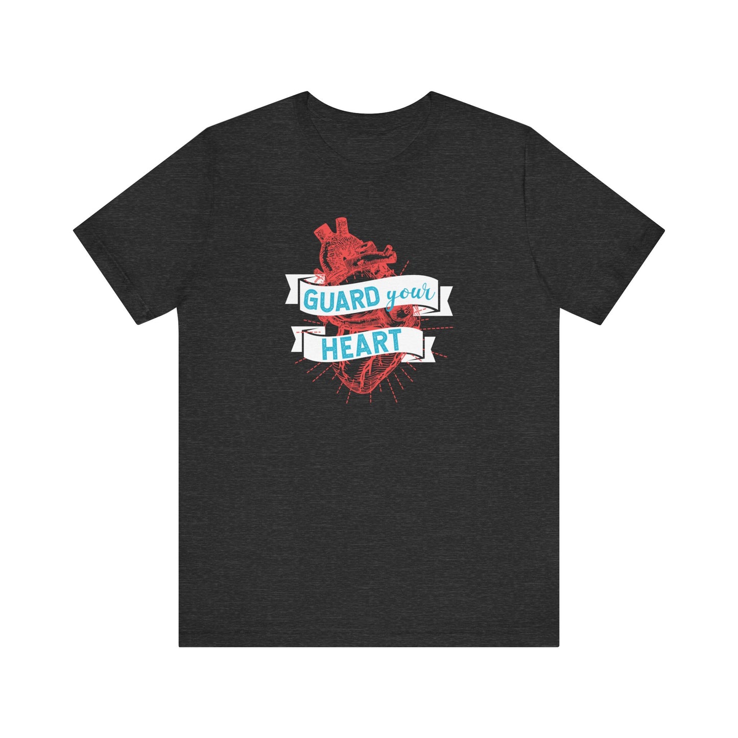 A cotton graphic tee stating 'Guard Your Heart' in color dark grey heather