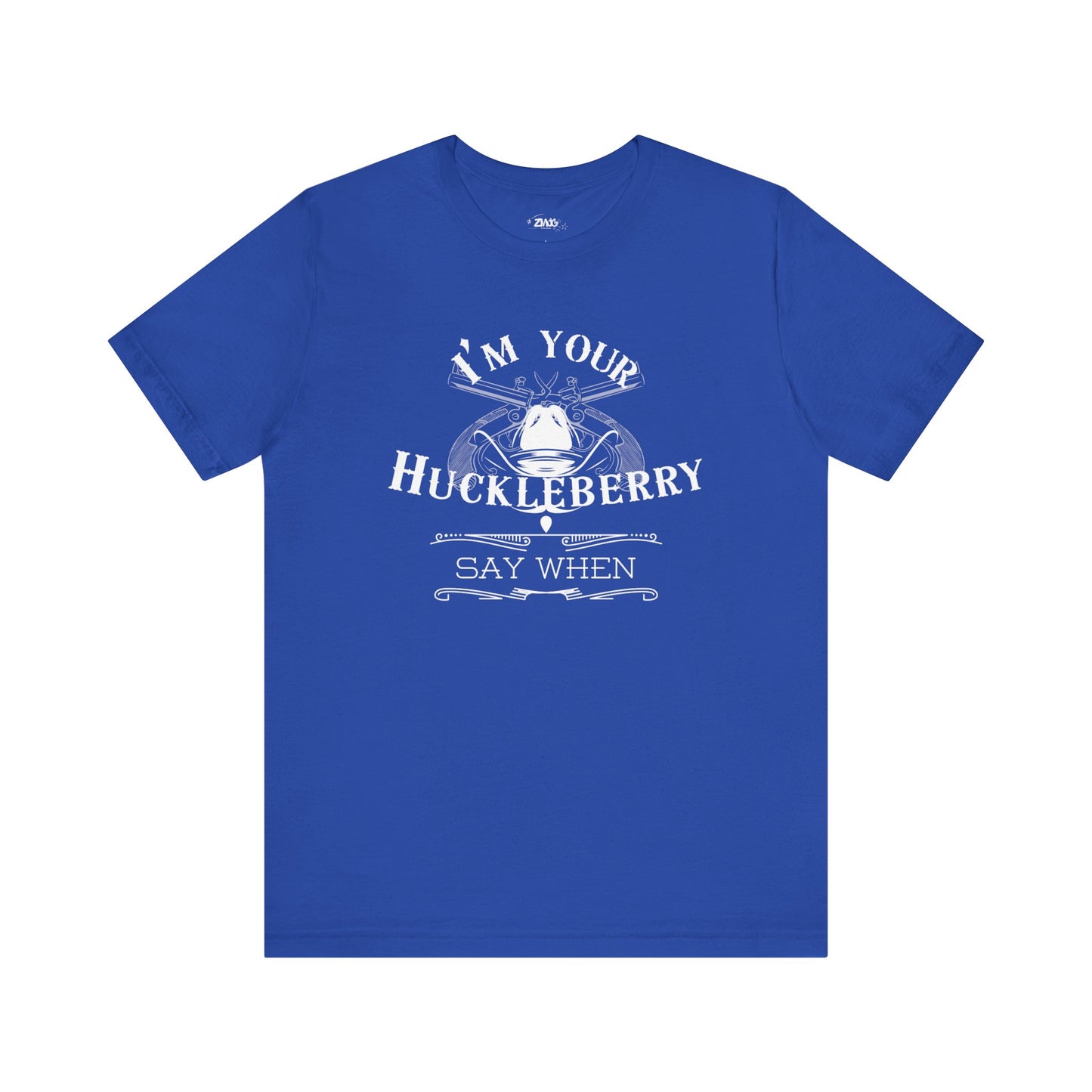 Comfortable movie quote graphic tee stating I'm Your Huckleberry - Say When in color true royal