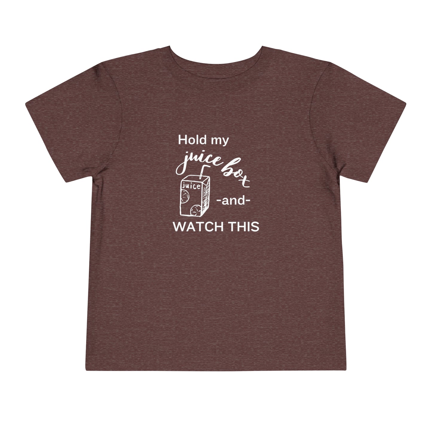 Comfortable funny graphic toddler tee stating 'Hold my juice box and watch this' in color heather maroon