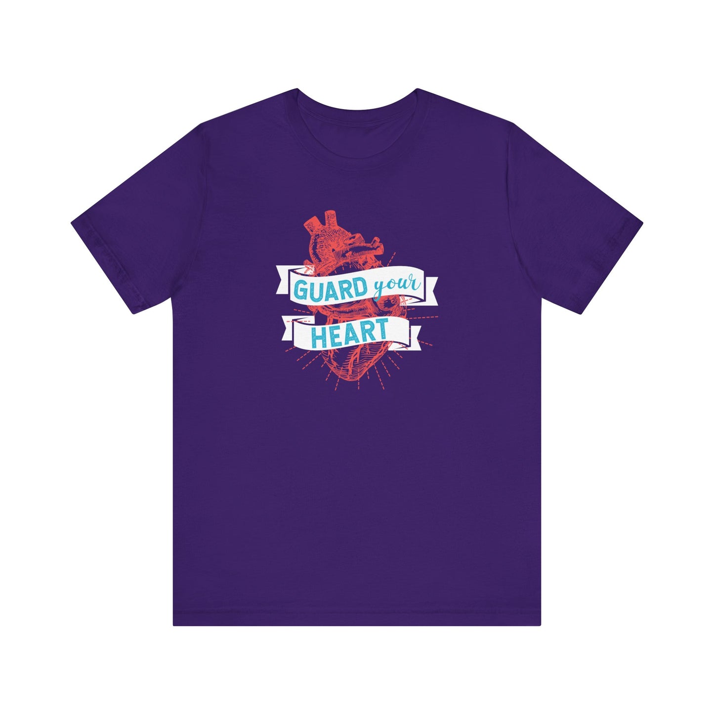 A cotton graphic tee stating 'Guard Your Heart' in color purple