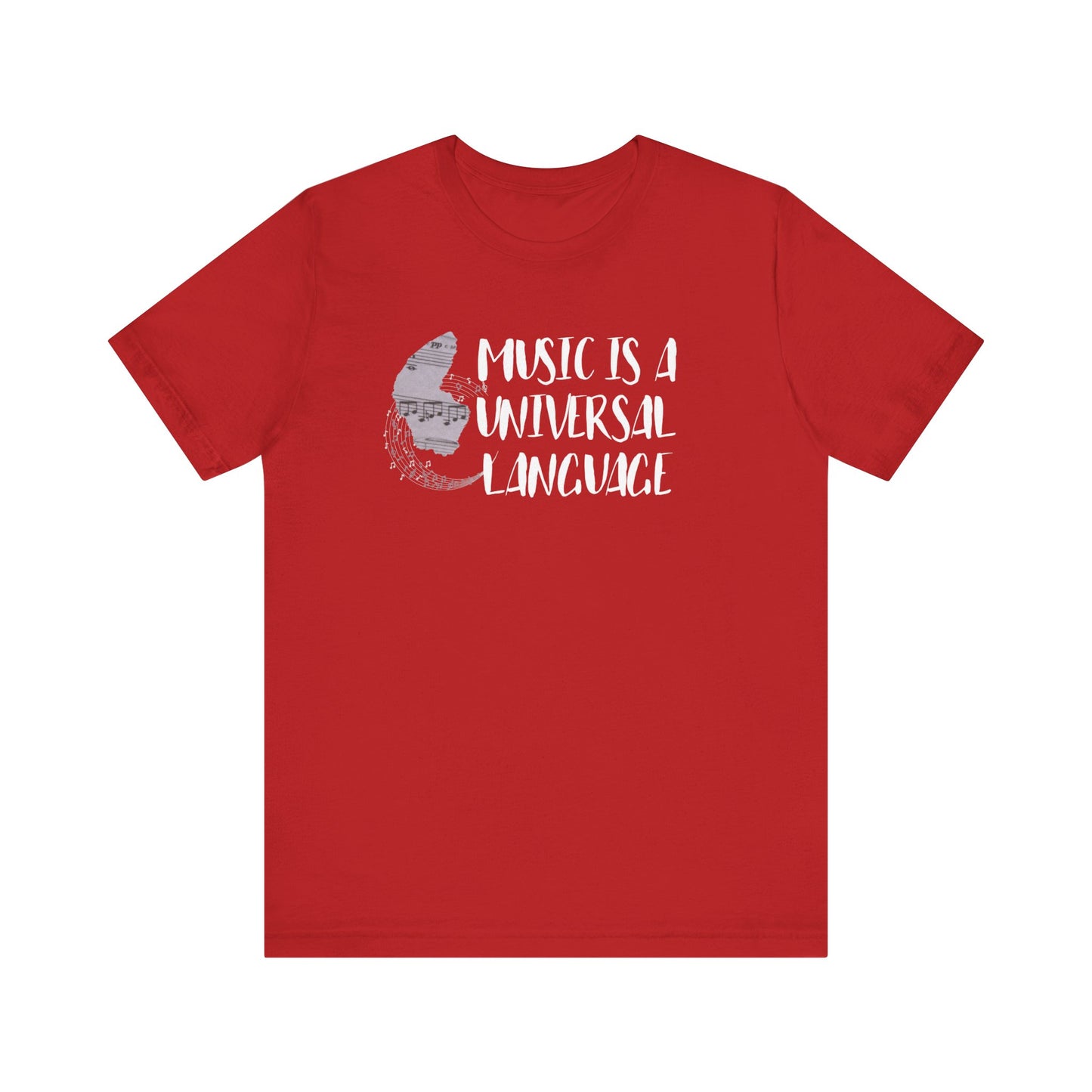 Unisex graphic good vibes tee stating 'Music is a universal language' in color red