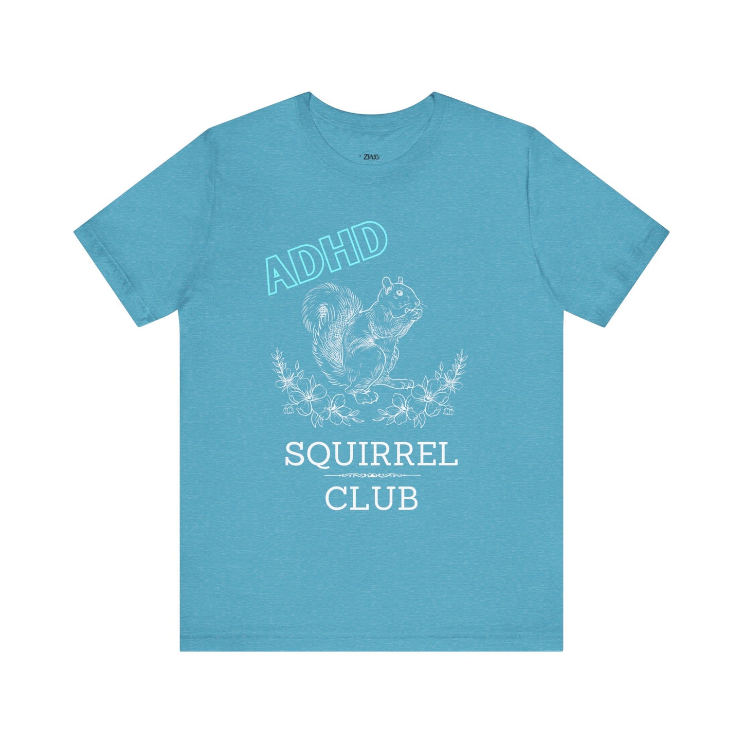 Comfortable women graphic tee stating 'ADHD Squirrel Club' in color heather aqua