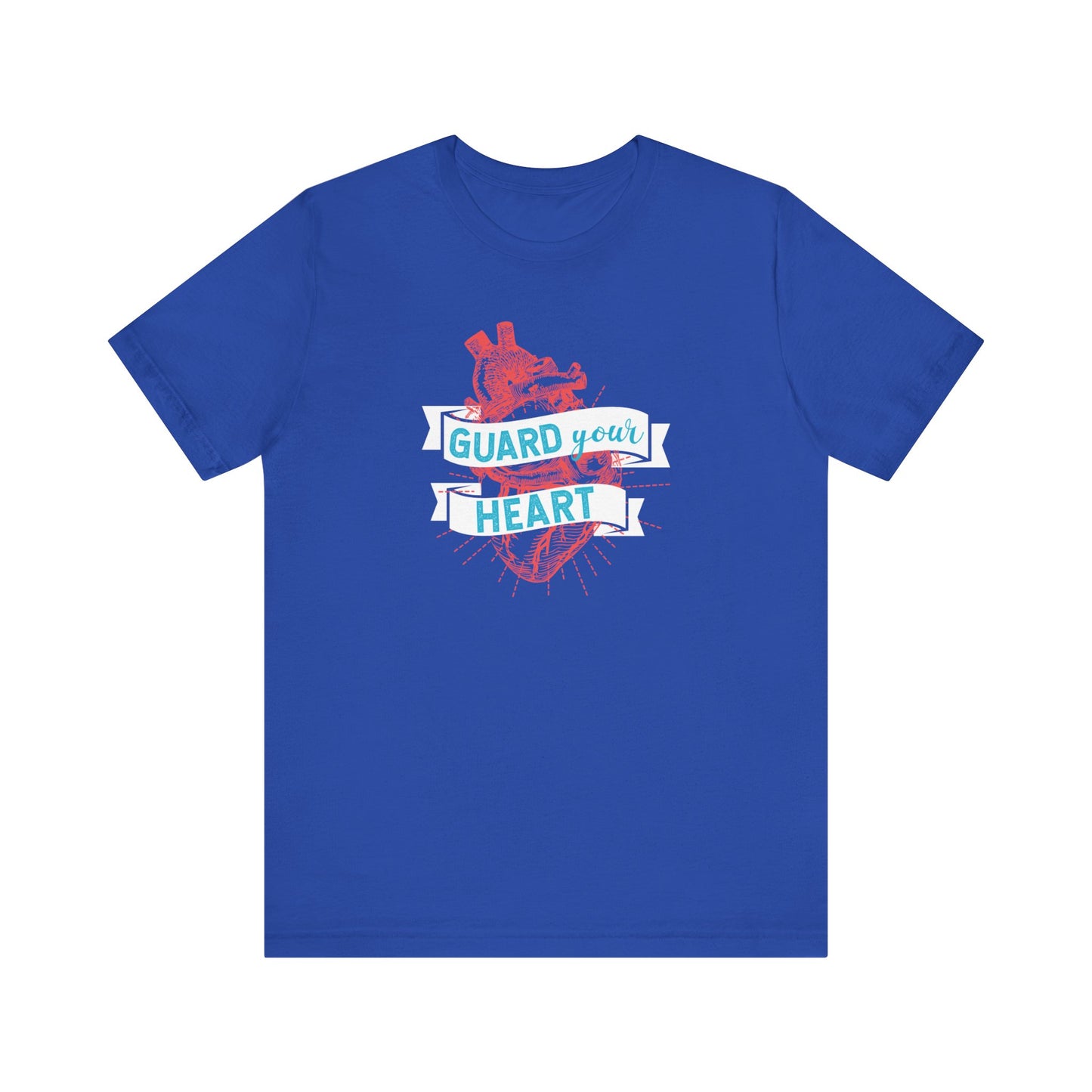 A cotton graphic tee stating 'Guard Your Heart' in color true royal
