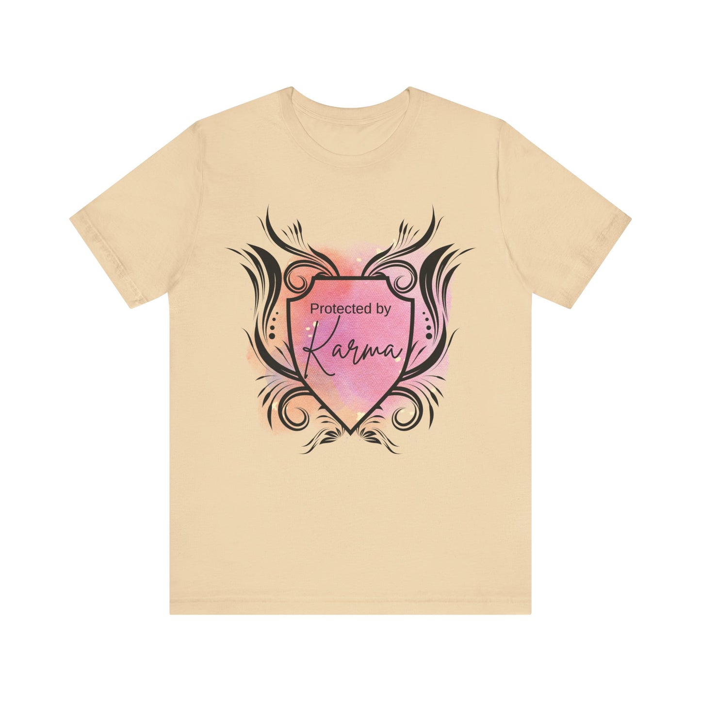 graphic tee stating Protected By Karma in color soft cream