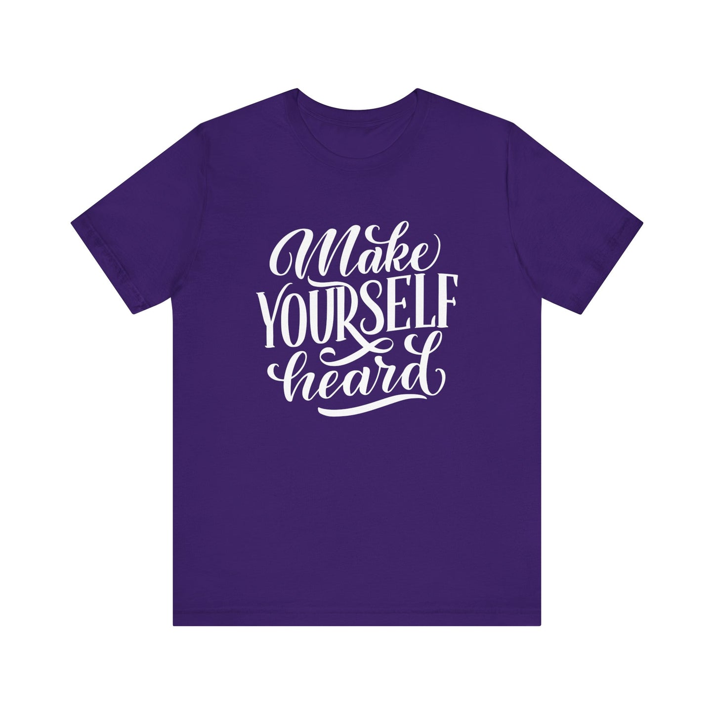 Good vibes graphic tee stating 'Make Yourself Heard' in color purple