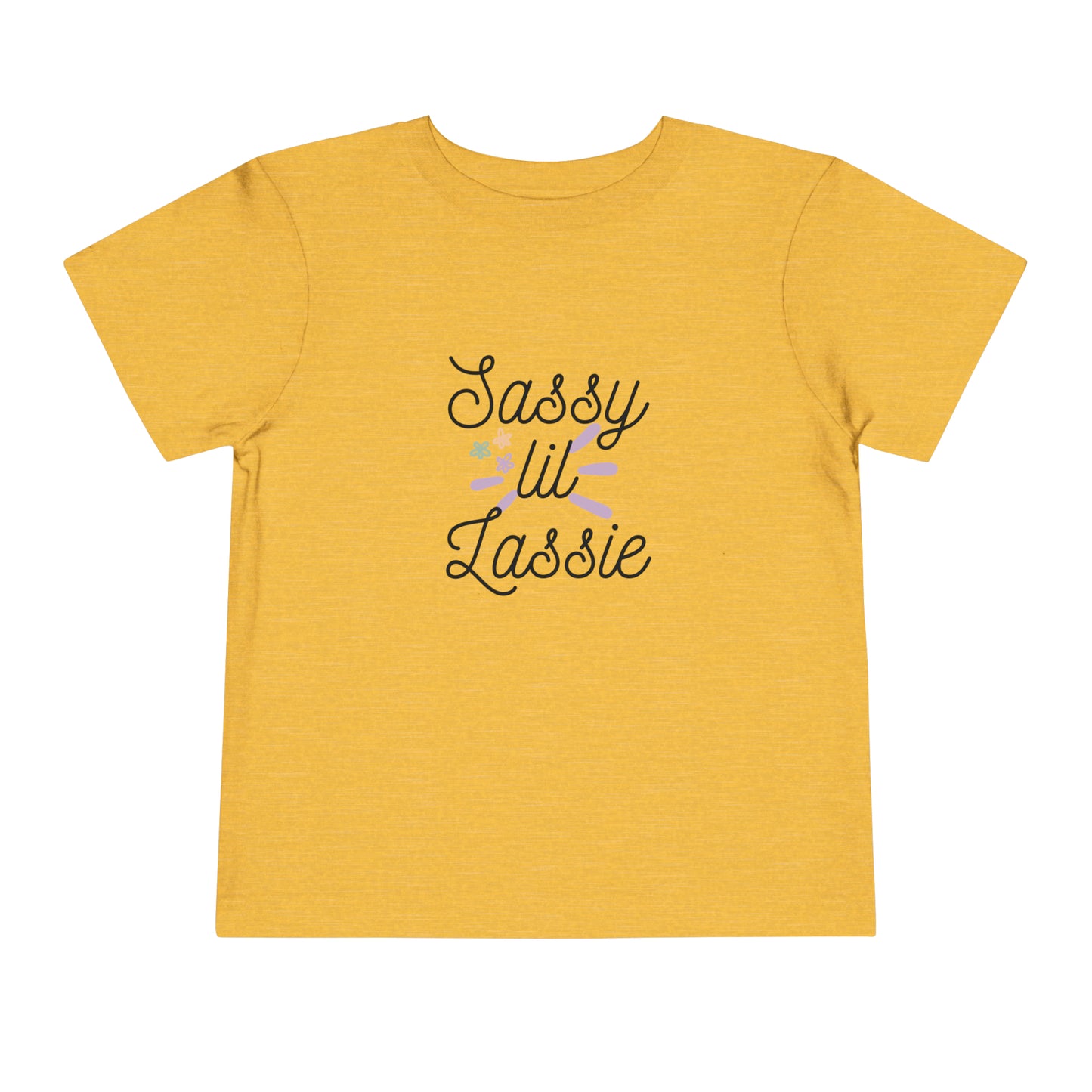 Comfortable funny graphic toddler tee stating 'Sassy Lil Lassie' in color golden yellow heather