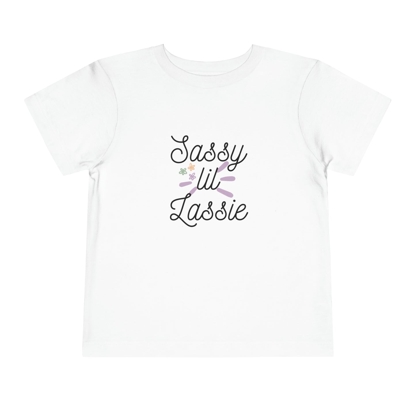Comfortable funny graphic toddler tee stating 'Sassy Lil Lassie' in color white