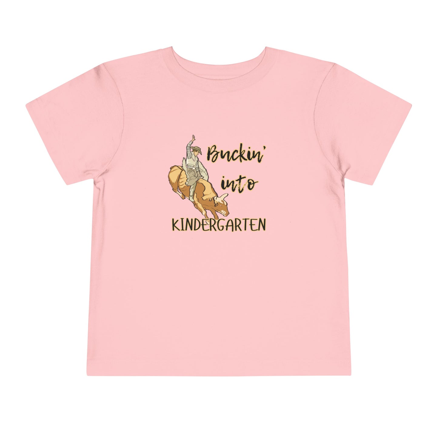 Comfortable toddler tee stating 'Buckin' into Kindergarten' in color pink