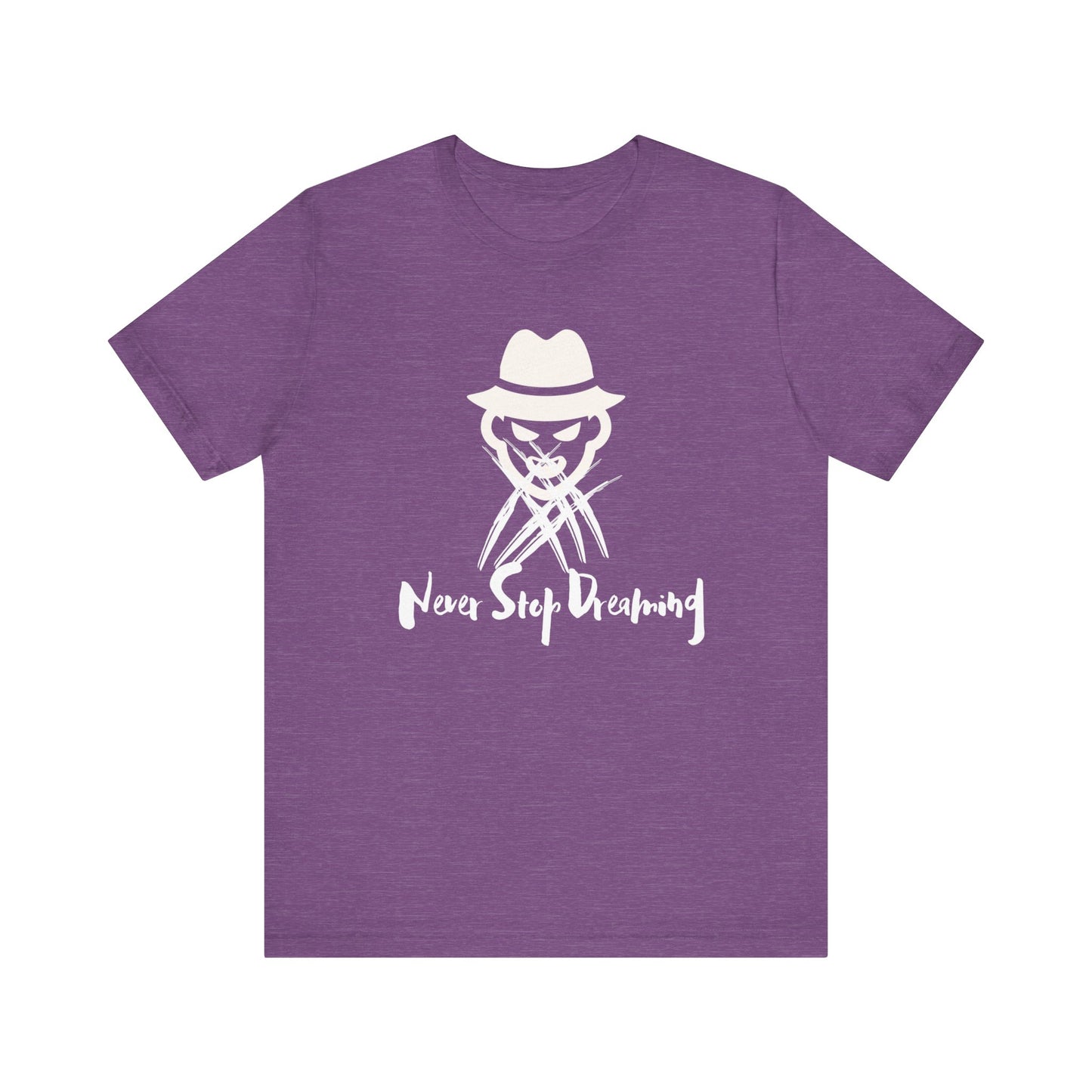 Comfortable Halloween unisex tee with Freddy Kruegar that states 'Never Stop Dreaming' in color team purple heather
