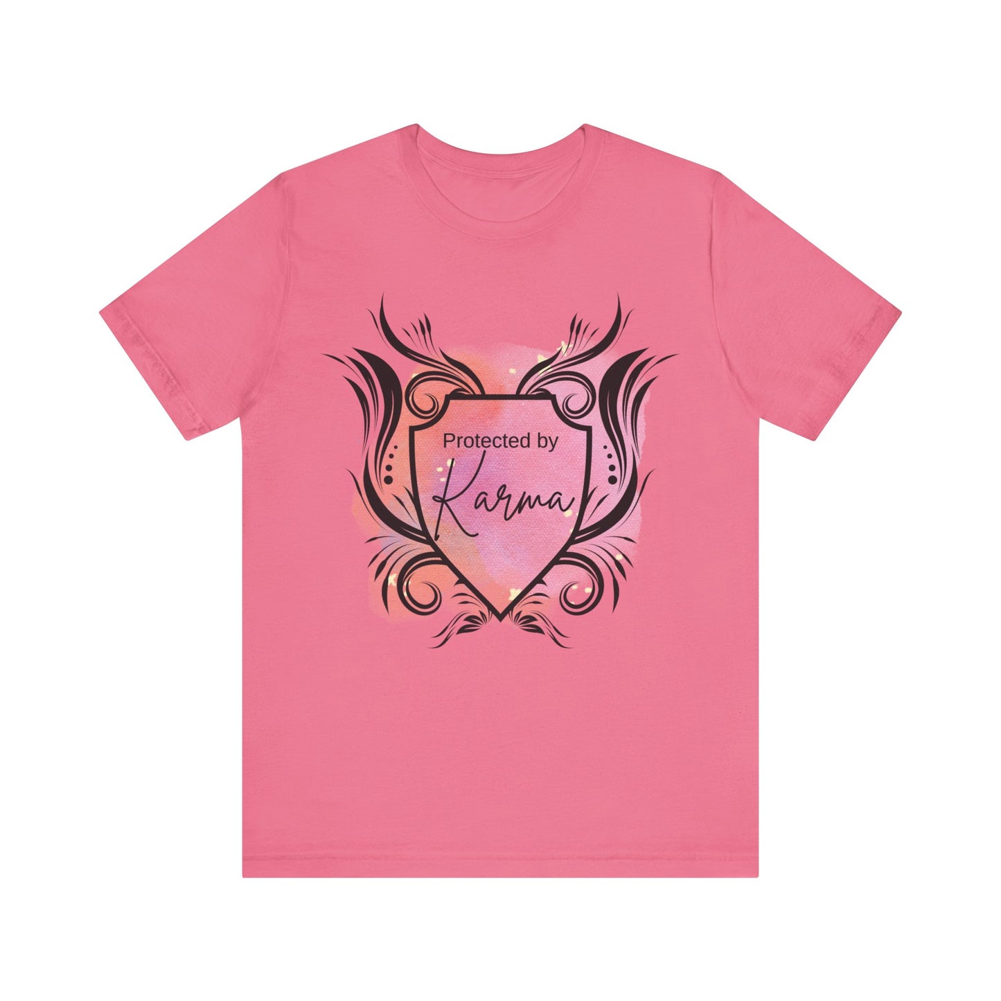 graphic tee stating Protected By Karma in color charity pink