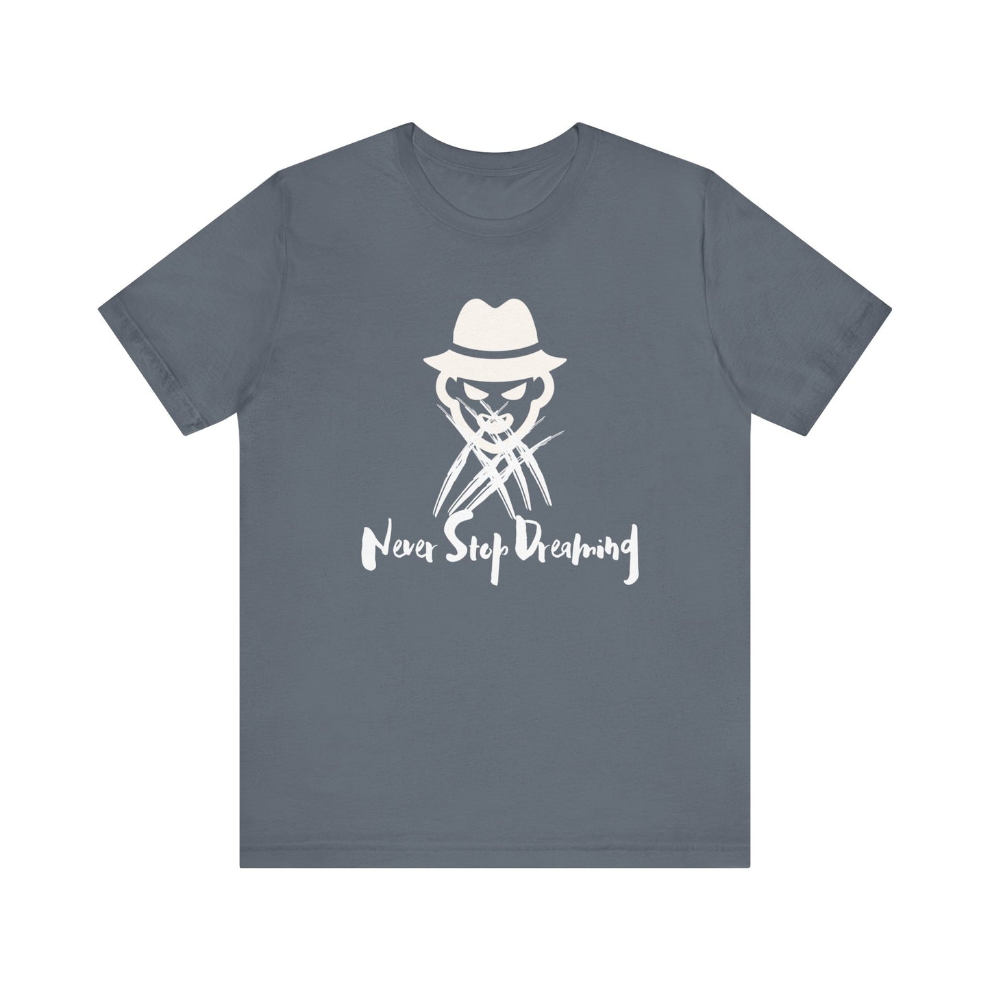 Comfortable Halloween unisex tee with Freddy Kruegar that states 'Never Stop Dreaming' in color steel blue
