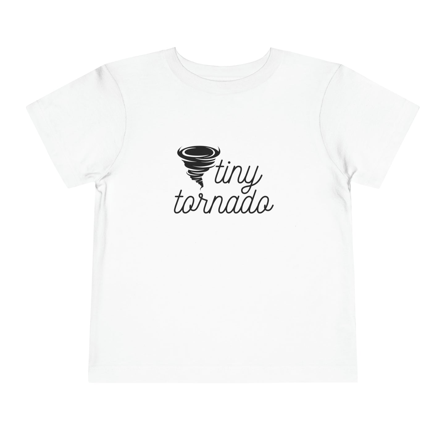Comfortable funny graphic toddler tee stating 'Tiny Tornado' in color white