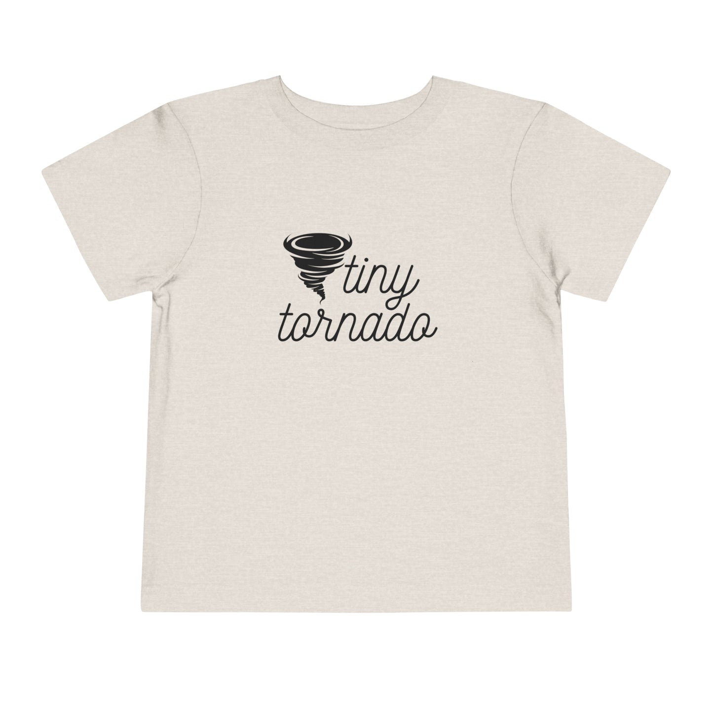 Comfortable funny graphic toddler tee stating 'Tiny Tornado' in color heather dust
