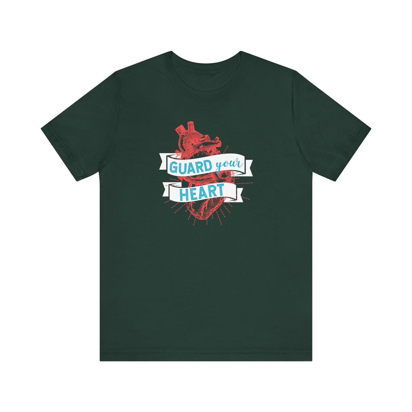 A cotton graphic tee stating 'Guard Your Heart' in color forest