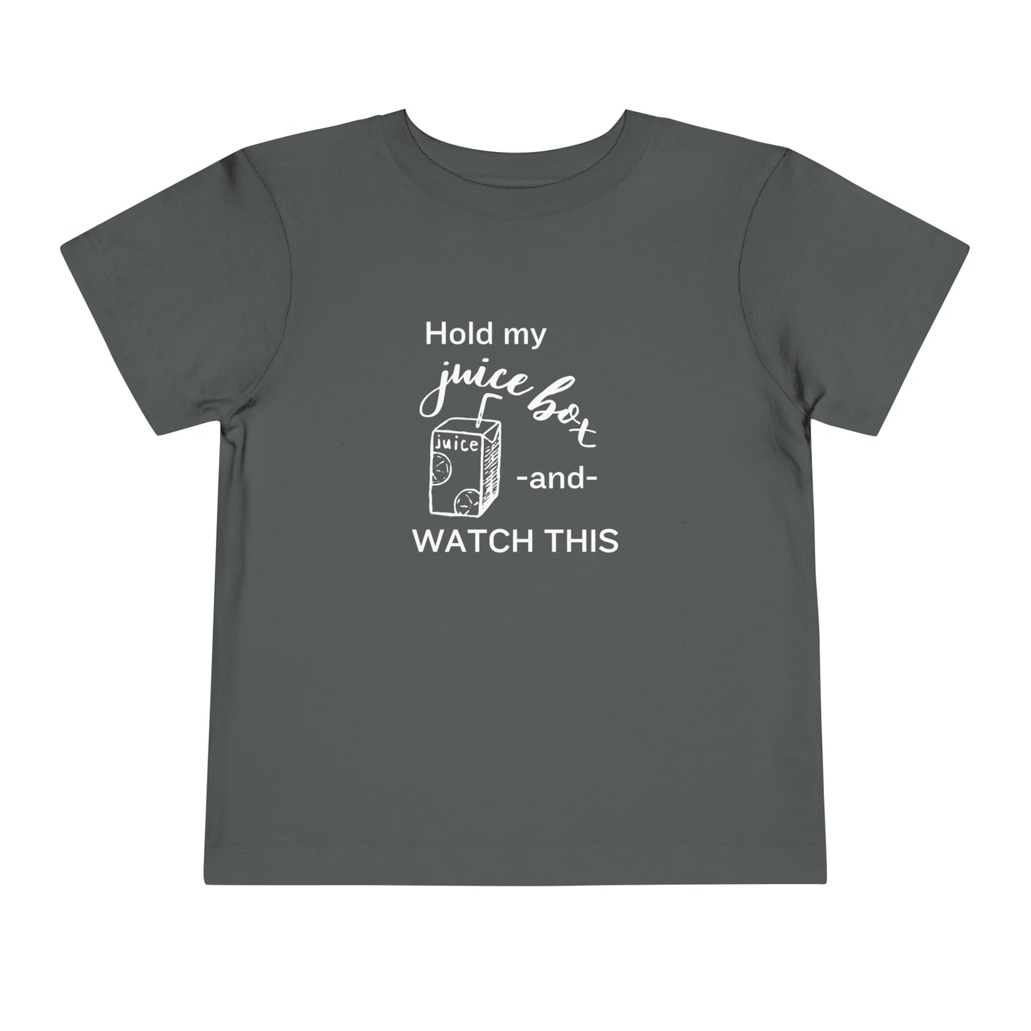 Comfortable funny graphic toddler tee stating 'Hold my juice box and watch this' in color asphalt