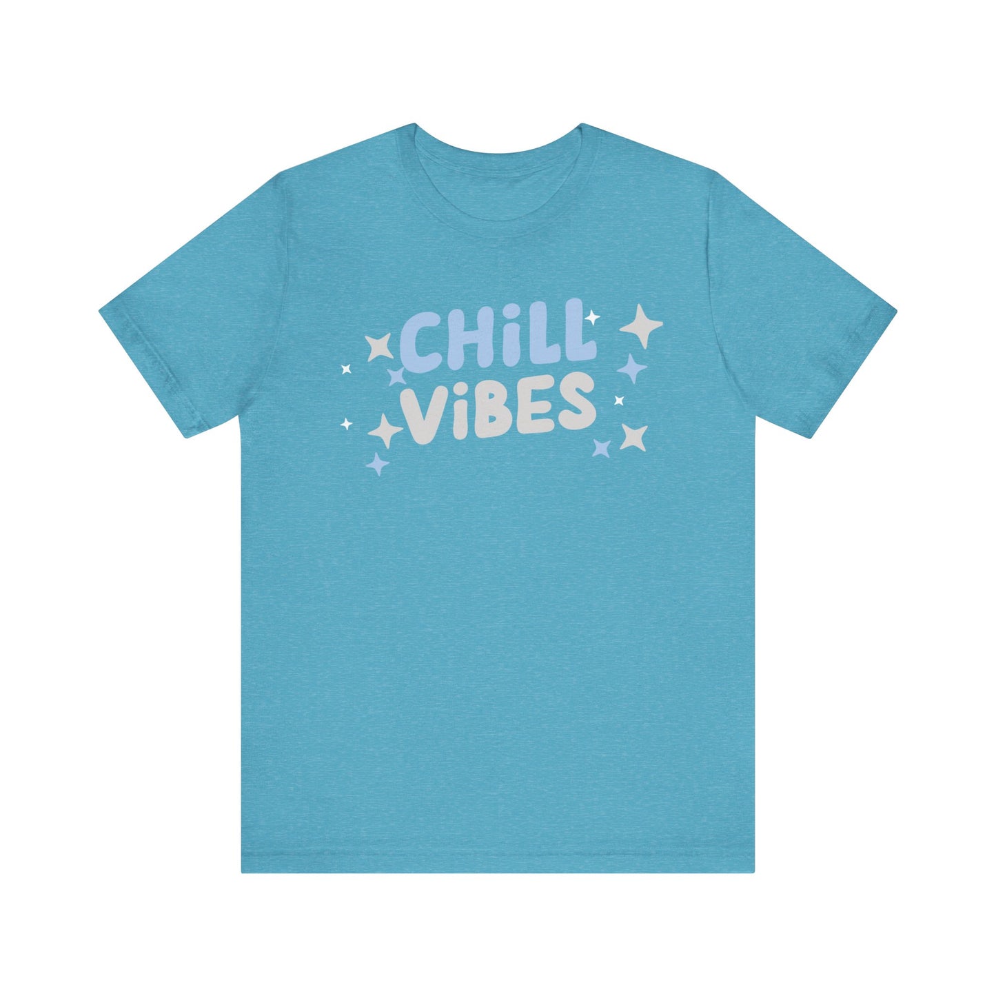 Cotton graphic tee stating 'Chill Vibes' in color heather aqua