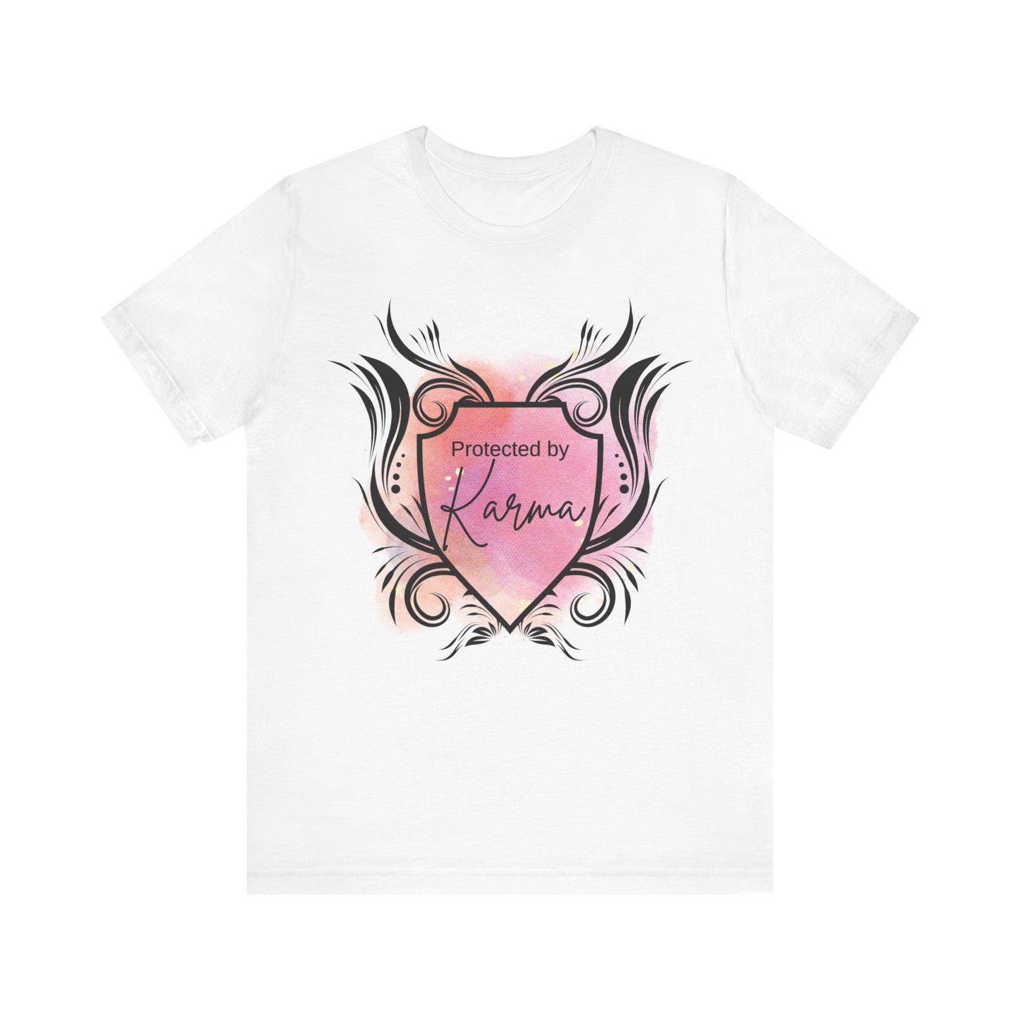 graphic tee stating Protected By Karma in color white