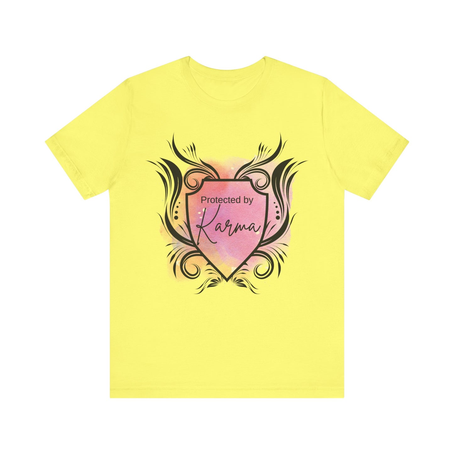 graphic tee stating Protected By Karma in color yellow