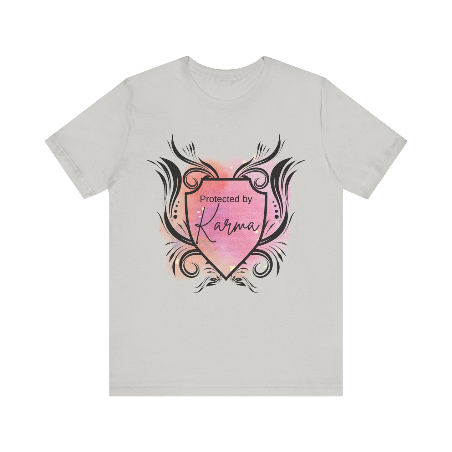 graphic tee stating Protected By Karma in color silver