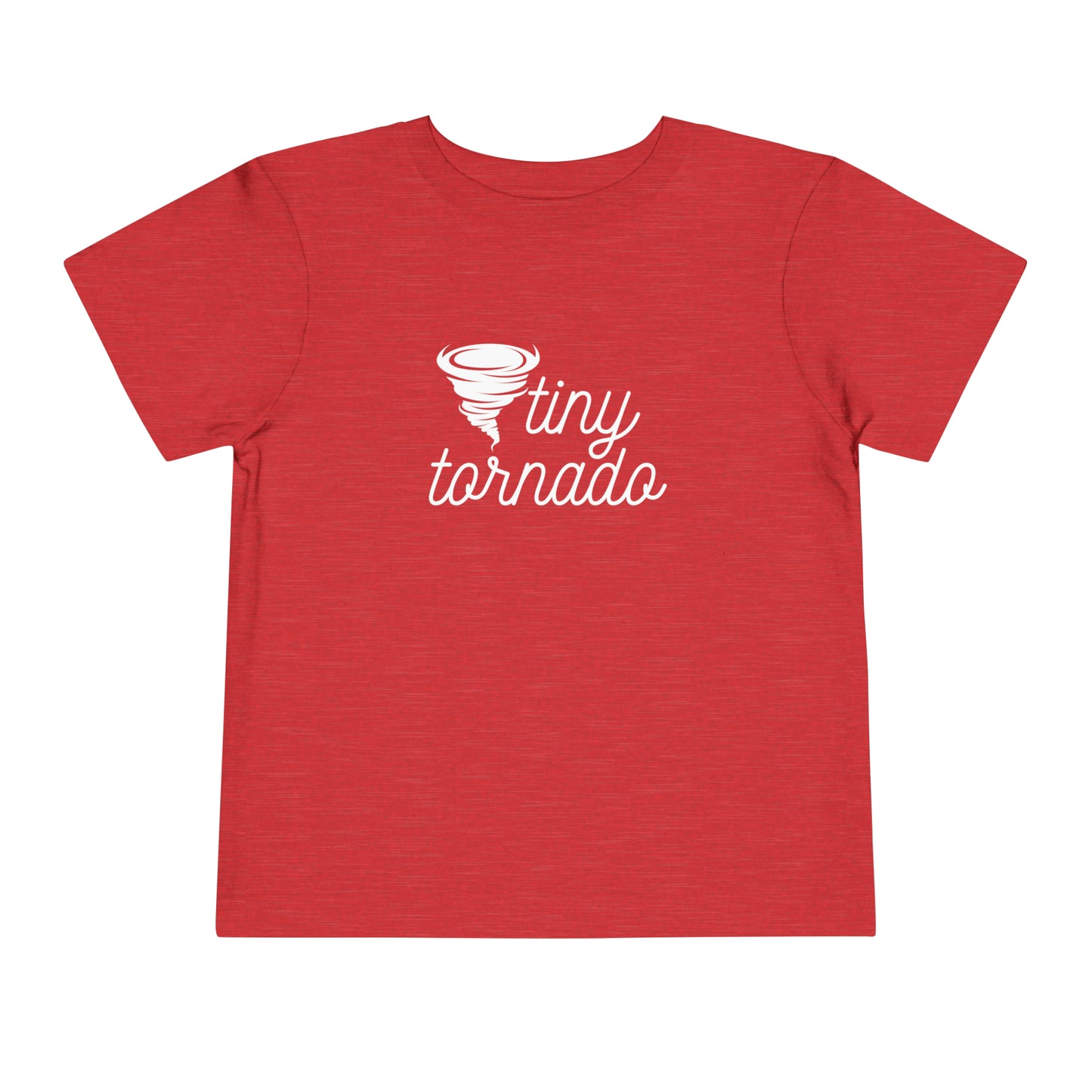 Comfortable funny graphic toddler tee stating 'Tiny Tornado' in color heather red