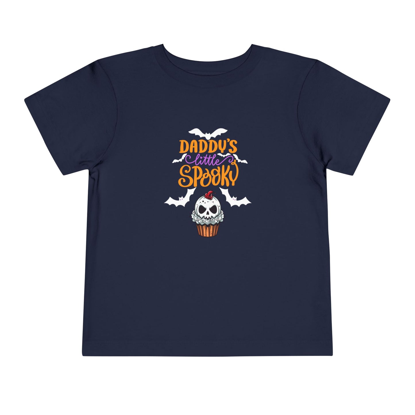 Toddler Halloween shirt stating 'Daddy's Little Spooky' in color navy