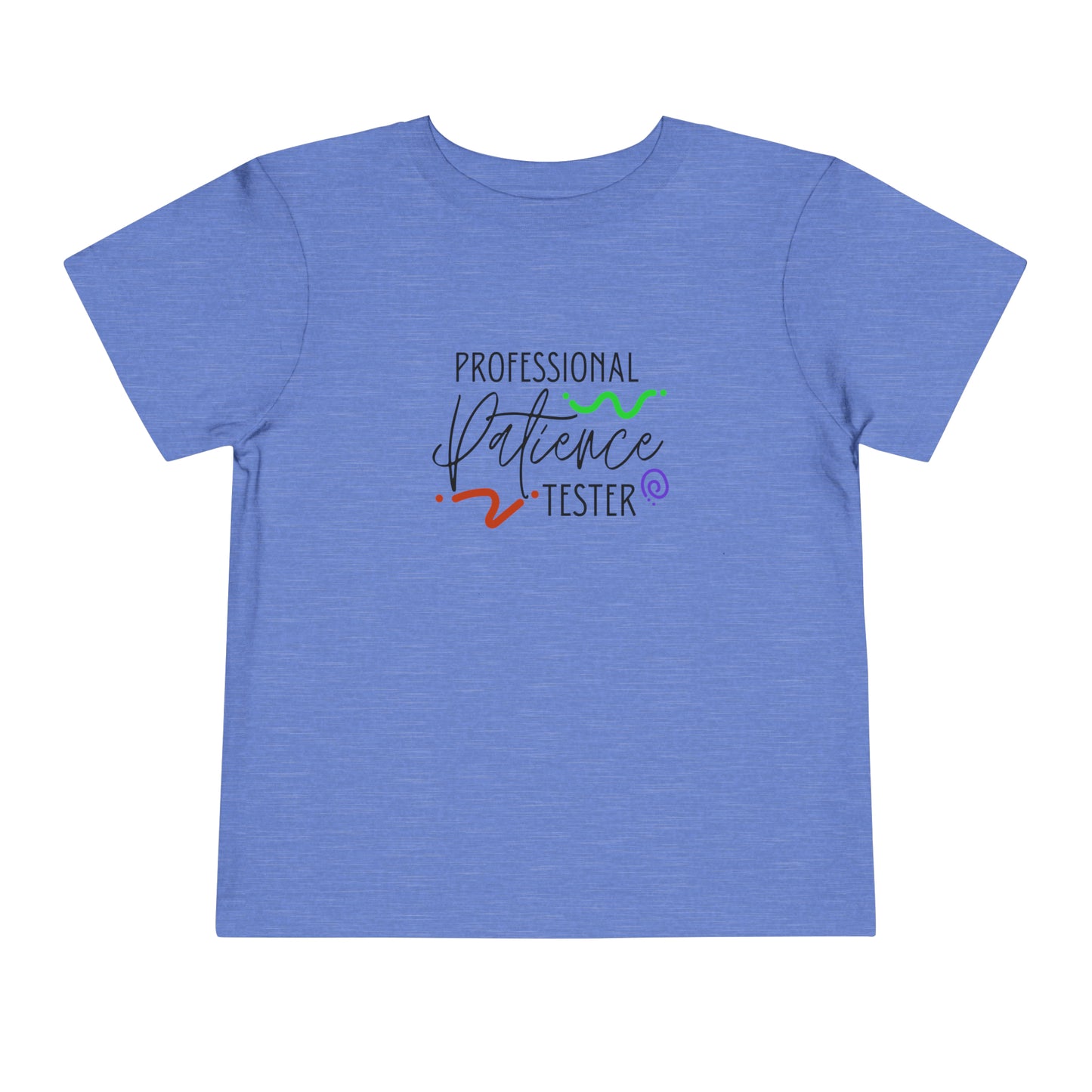 Comfortable funny graphic toddler tee stating 'Professional Patience Tester' in color heather columbia blue