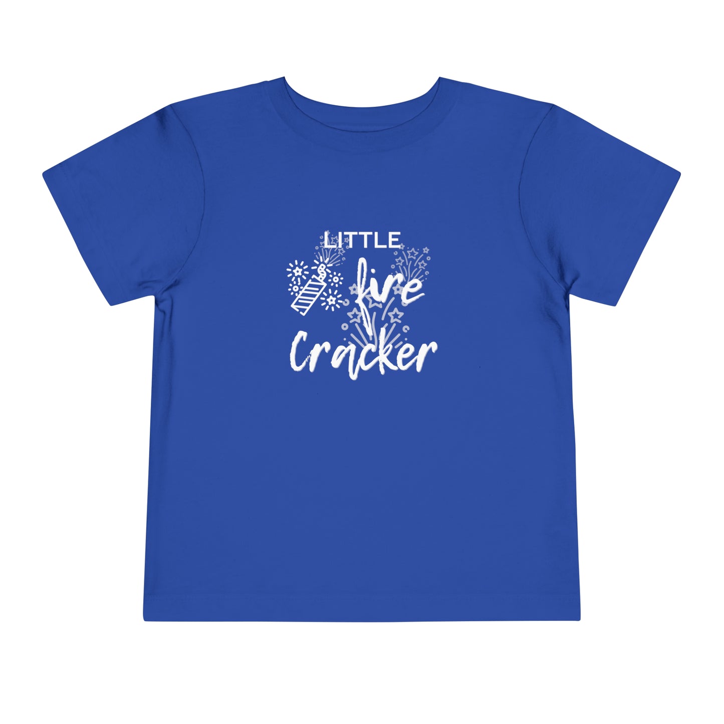 Comfortable funny graphic toddler tee stating 'Little Fire Cracker' in color true royal