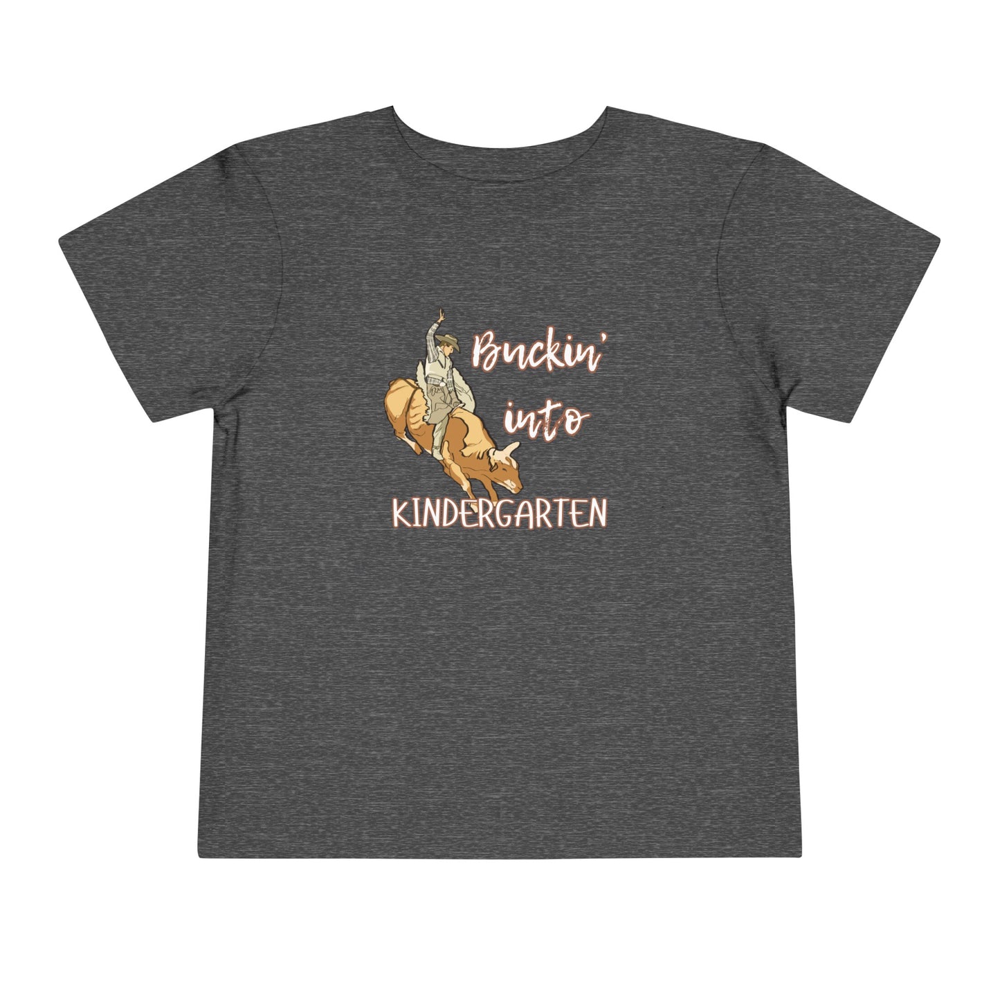 Comfortable toddler tee stating 'Buckin' into Kindergarten' in color dark heather grey