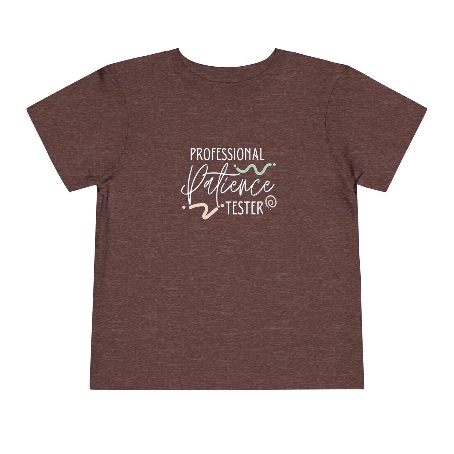 Comfortable funny graphic toddler tee stating 'Professional Patience Tester' in color heather maroon