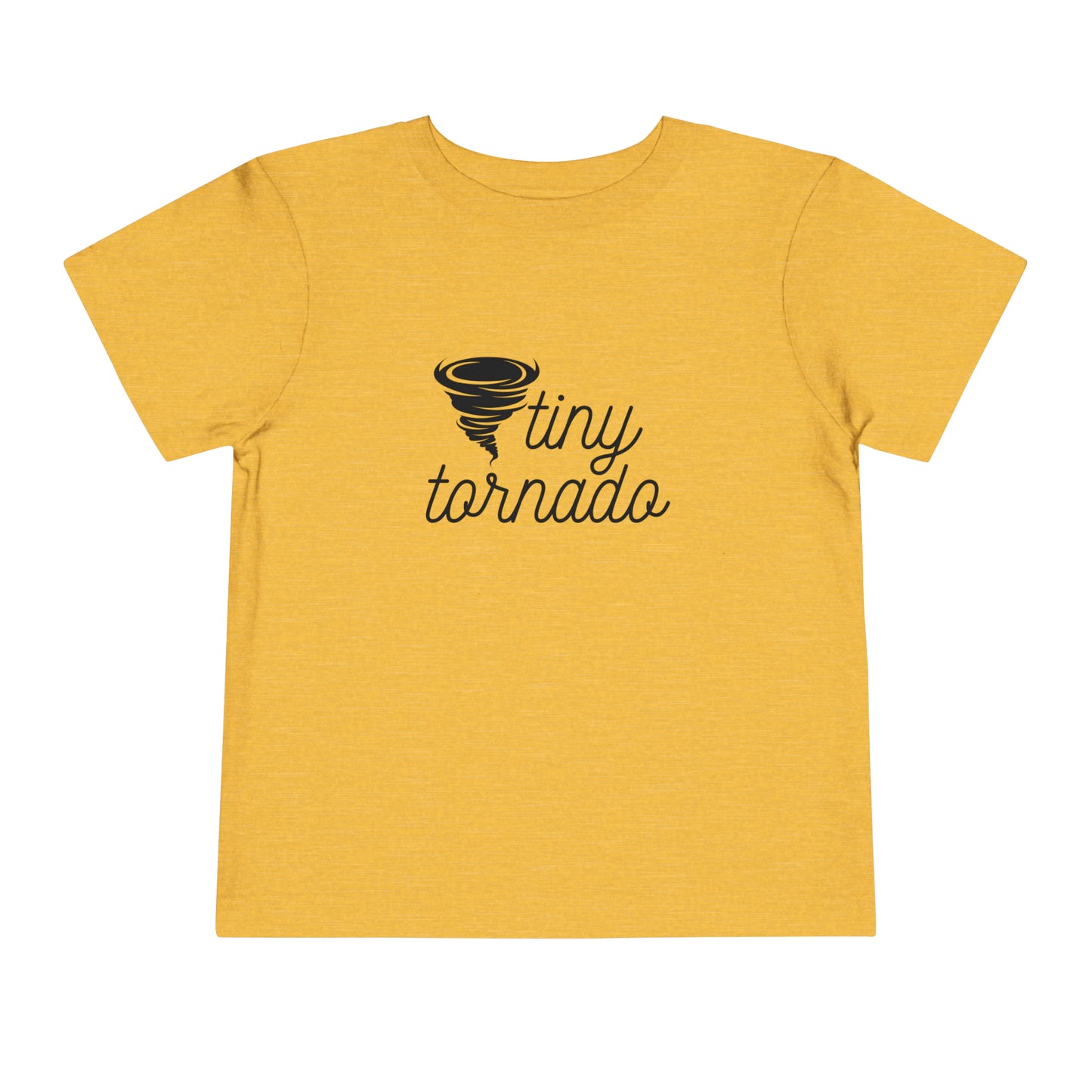 Comfortable funny graphic toddler tee stating 'Tiny Tornado' in color golden yellow heather