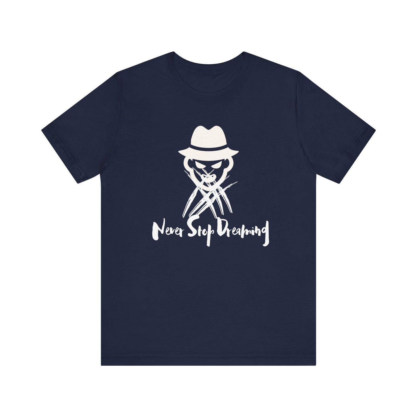 Comfortable Halloween unisex tee with Freddy Kruegar that states 'Never Stop Dreaming' in color navy
