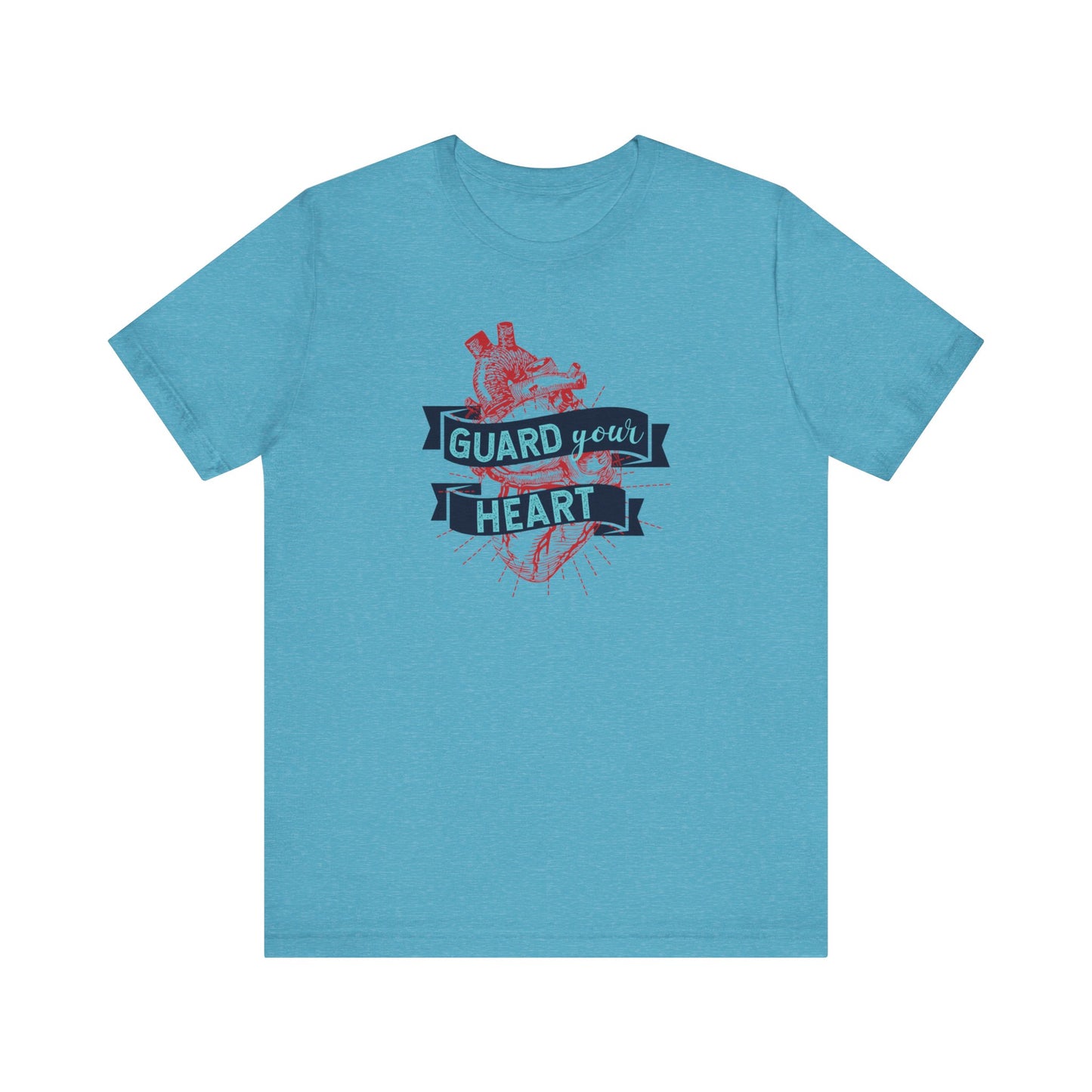 A cotton graphic tee stating 'Guard Your Heart' in color heather aqua
