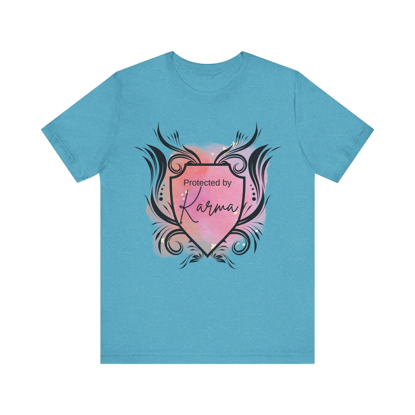 graphic tee stating Protected By Karma in color aqua