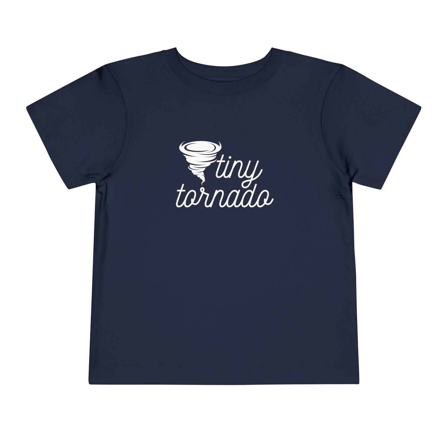 Comfortable funny graphic toddler tee stating 'Tiny Tornado' in color navy