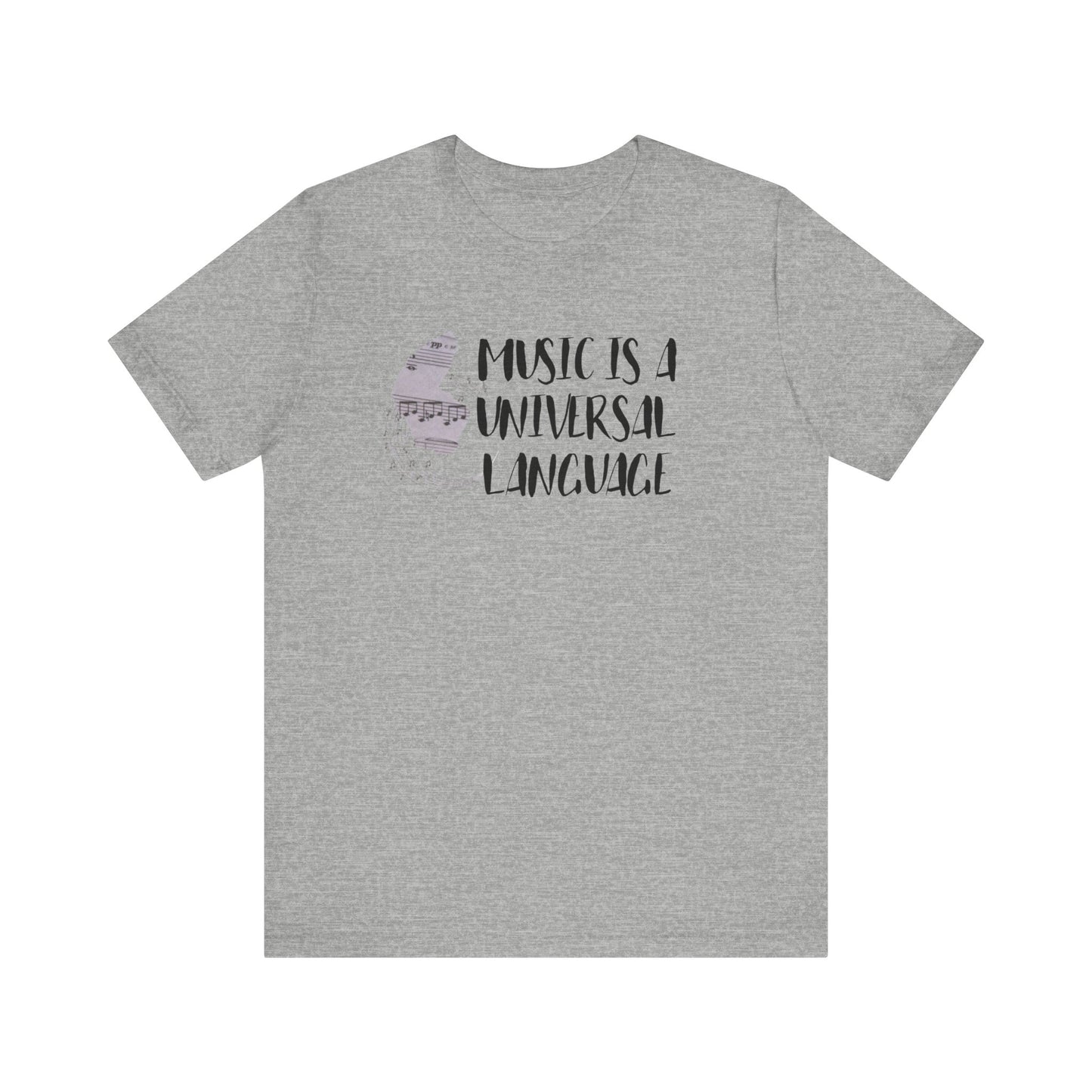 Unisex graphic good vibes tee stating 'Music is a universal language' in color athletic heather