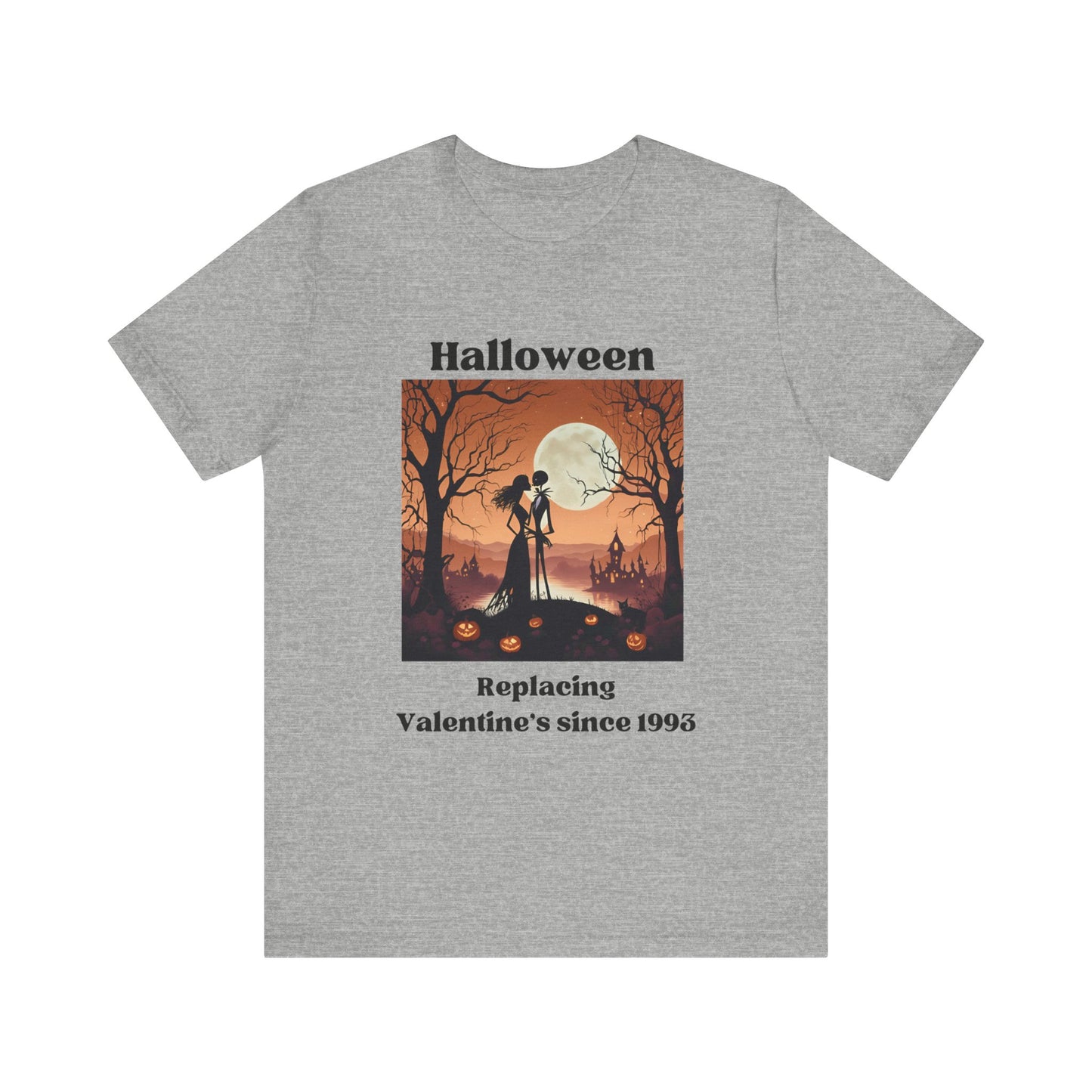 Comfy unisex tee stating 'Halloween replacing Valentine's since 1993' in color athletic heather