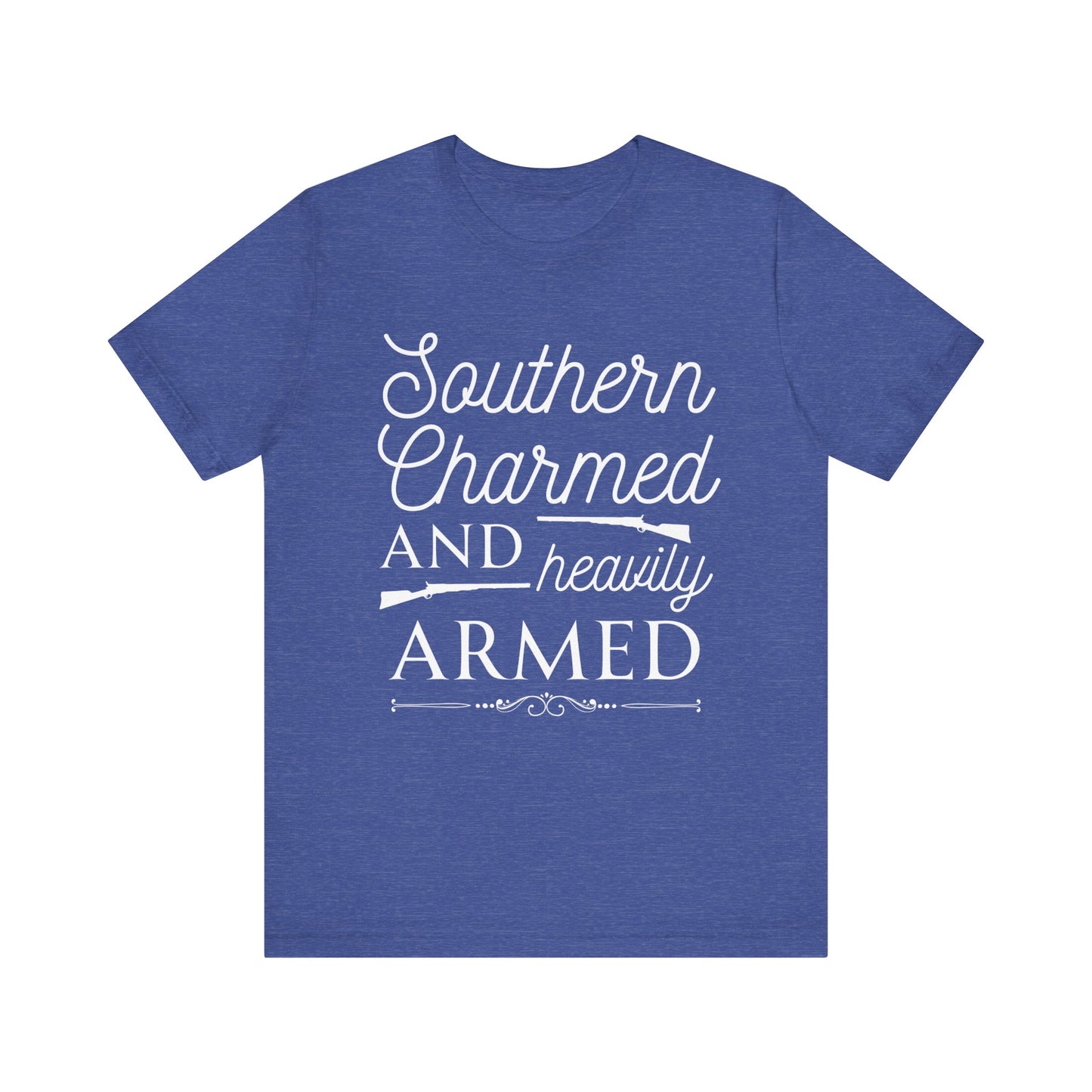 Adult unisex t-shirt stating 'Southern Charmed and Heavily Armed' in color true royal heather
