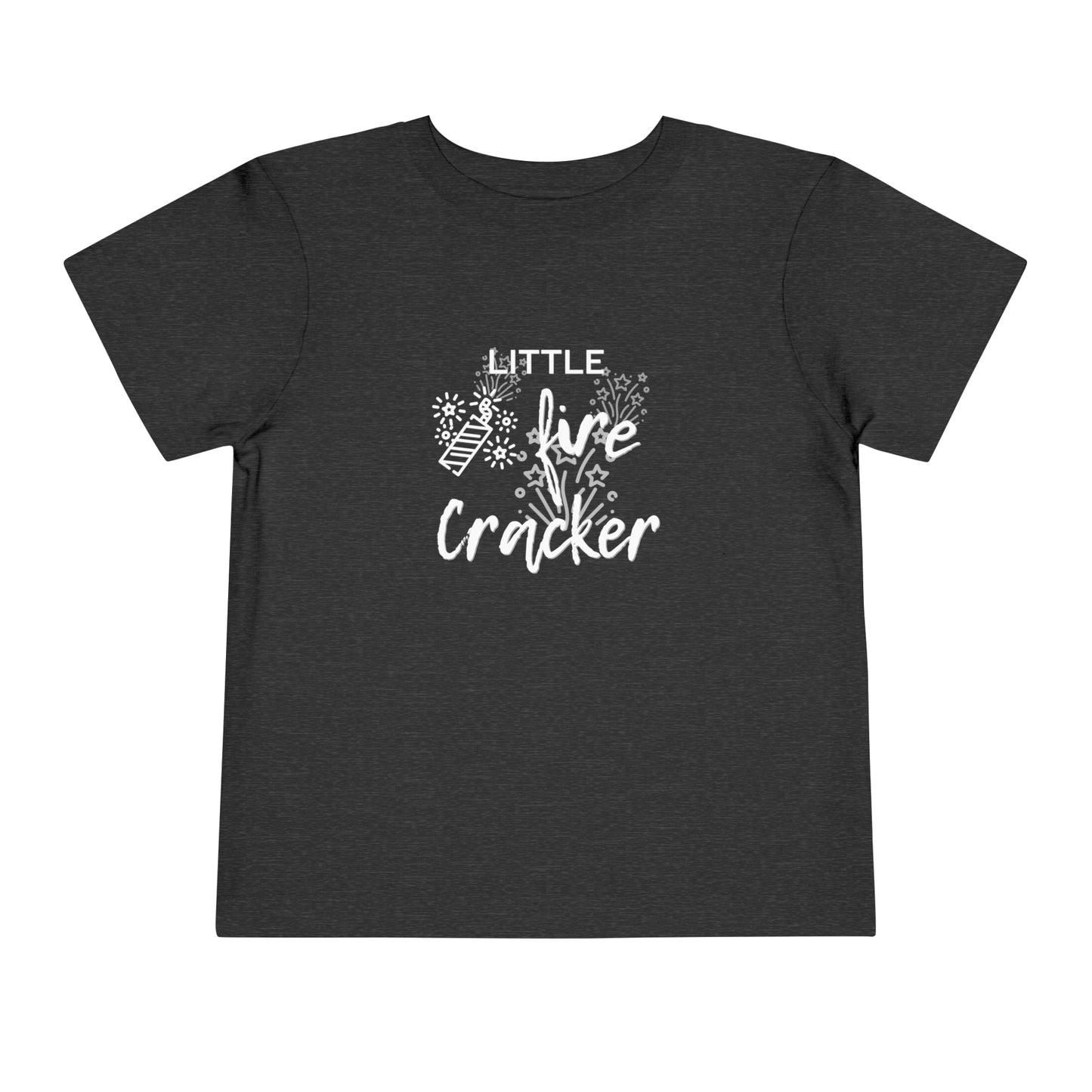 Comfortable funny graphic toddler tee stating 'Little Fire Cracker' in color dark grey heather